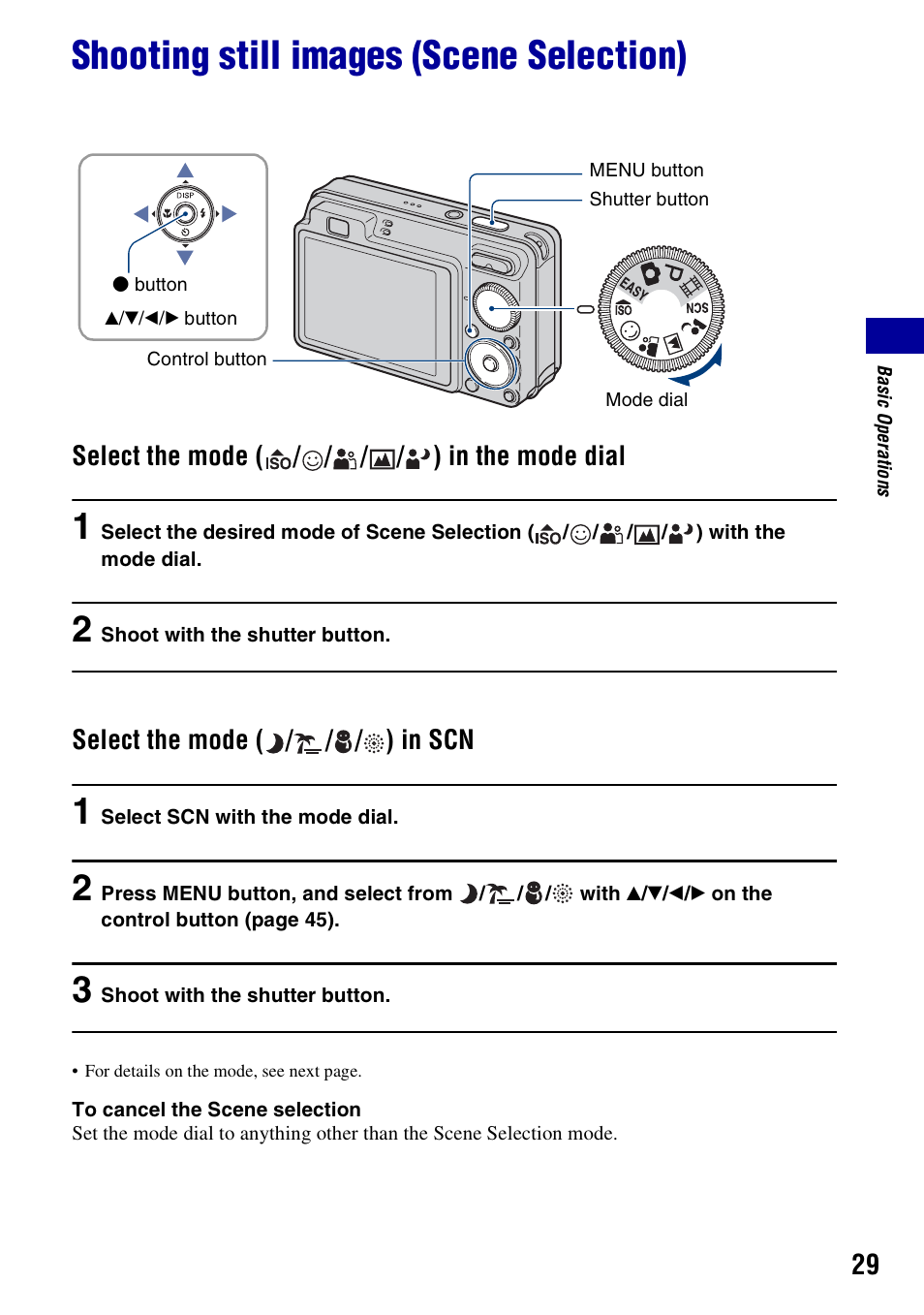 Shooting still images (scene selection), Select the mode ( / / / / ) in the mode dial, Select the mode ( / / / ) in scn | Sony DSC-W130 User Manual | Page 29 / 128