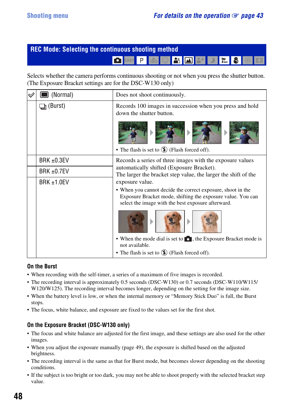 Rec mode: selecting the continuous shooting method | Sony DSC-W130 User Manual | Page 48 / 128