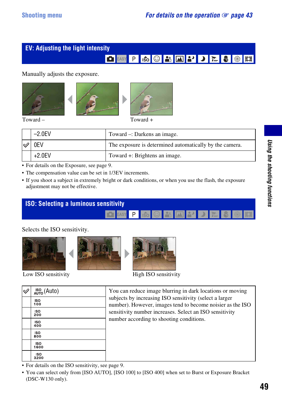 Ev: adjusting the light intensity, Iso: selecting a luminous sensitivity, Er (49) | Sony DSC-W130 User Manual | Page 49 / 128