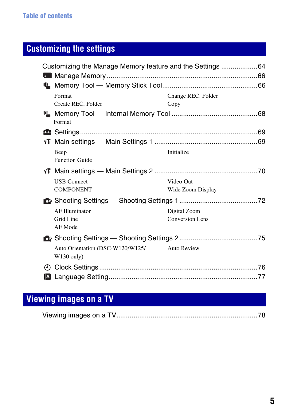 Customizing the settings viewing images on a tv | Sony DSC-W130 User Manual | Page 5 / 128