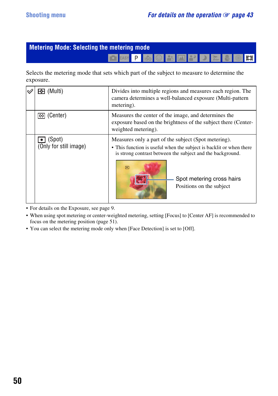Metering mode: selecting the metering mode | Sony DSC-W130 User Manual | Page 50 / 128