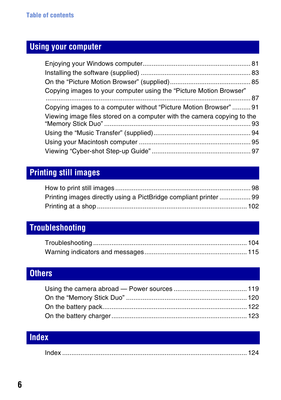 Sony DSC-W130 User Manual | Page 6 / 128