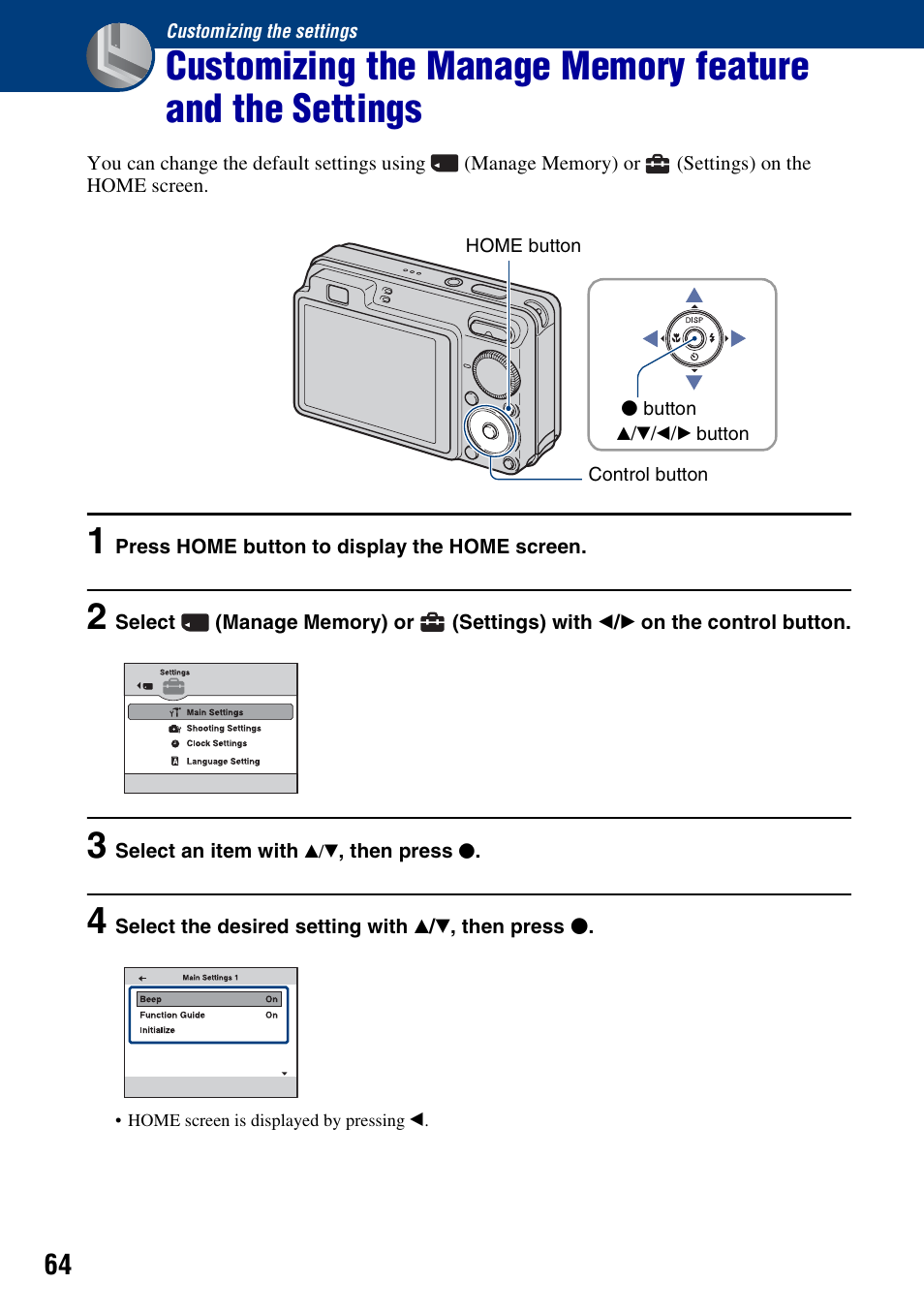 Customizing the settings | Sony DSC-W130 User Manual | Page 64 / 128