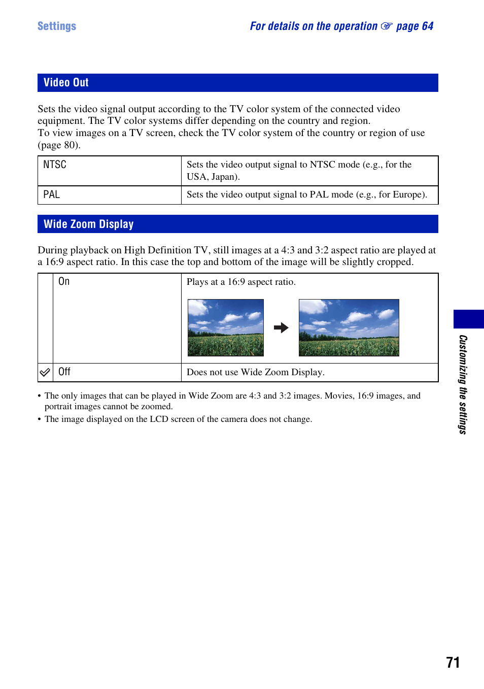 Video out, Wide zoom display, Video out wide zoom display | Sony DSC-W130 User Manual | Page 71 / 128