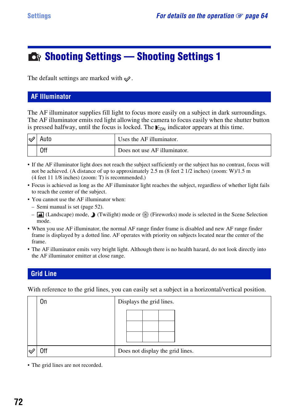 Shooting settings - shooting settings 1, Af illuminator, Grid line | Shooting settings — shooting settings 1, Af illuminator grid line, R (72) | Sony DSC-W130 User Manual | Page 72 / 128