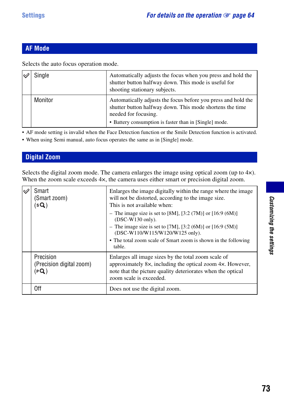 Af mode, Digital zoom | Sony DSC-W130 User Manual | Page 73 / 128