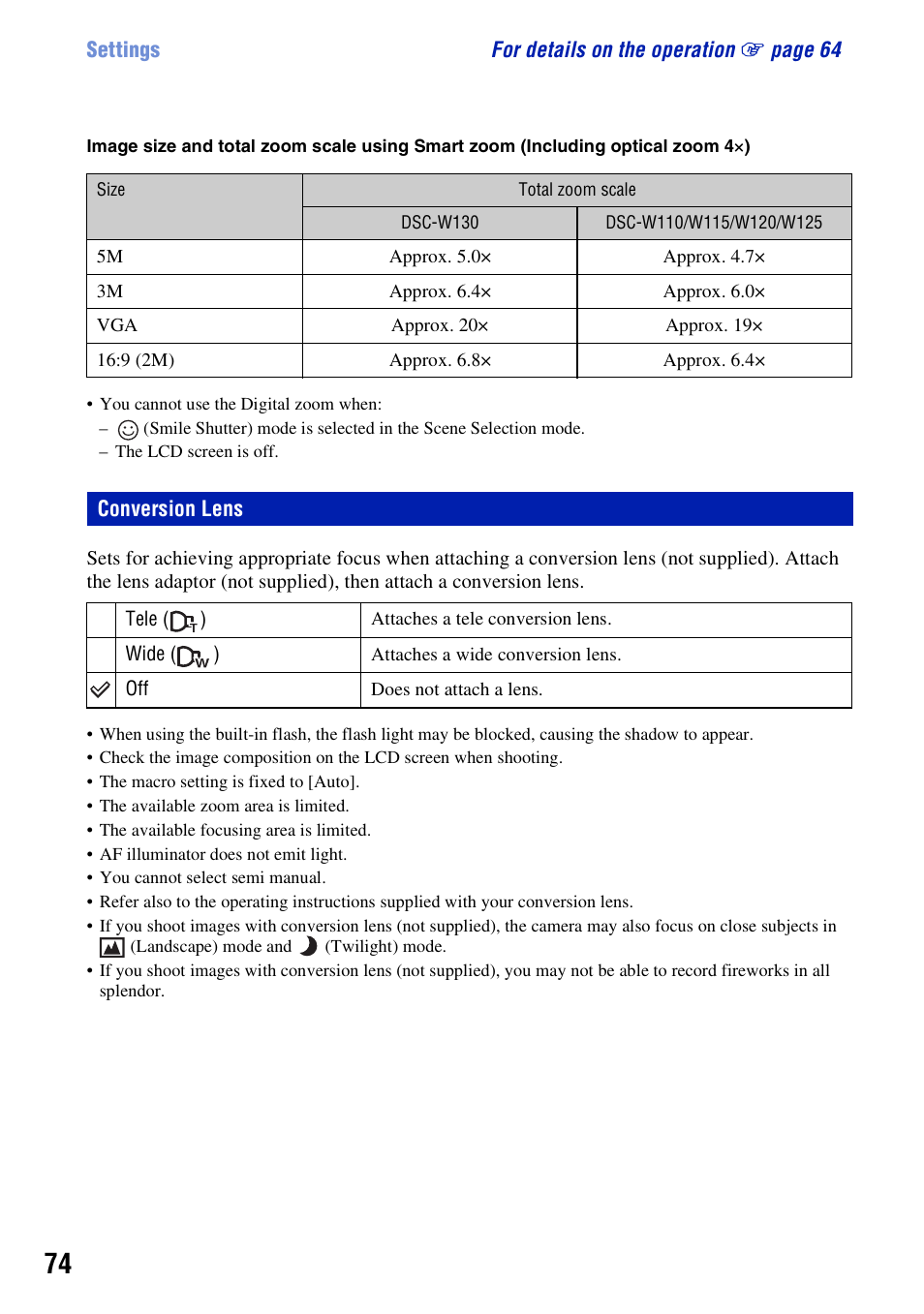Conversion lens | Sony DSC-W130 User Manual | Page 74 / 128
