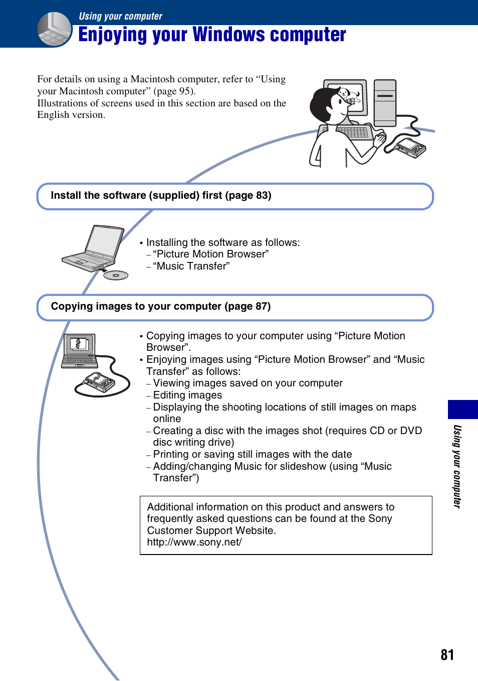 Using your computer, Enjoying your windows computer | Sony DSC-W130 User Manual | Page 81 / 128