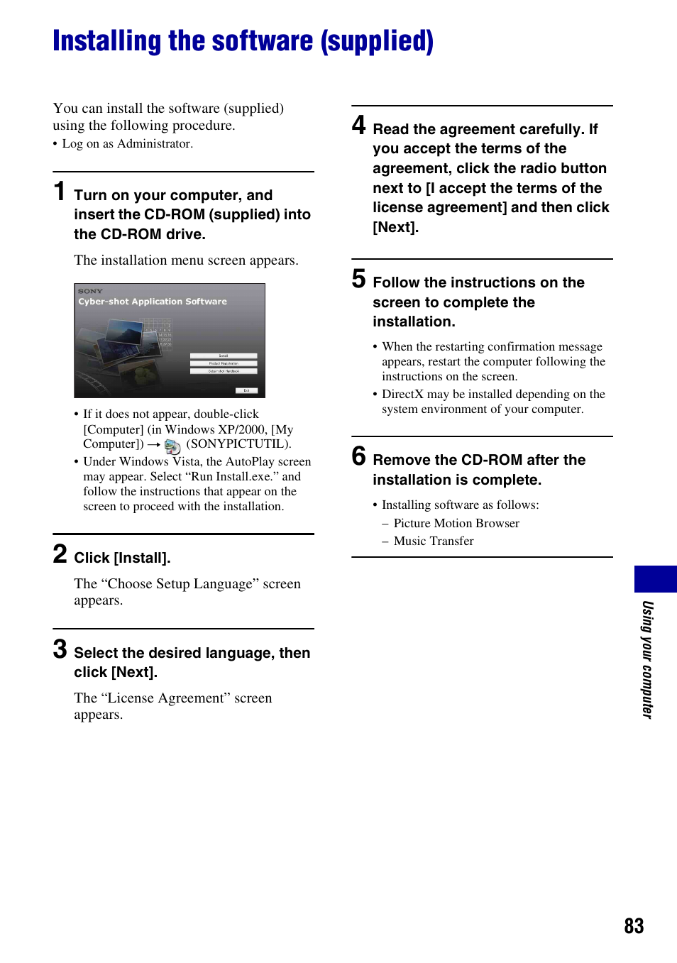 Installing the software (supplied) | Sony DSC-W130 User Manual | Page 83 / 128