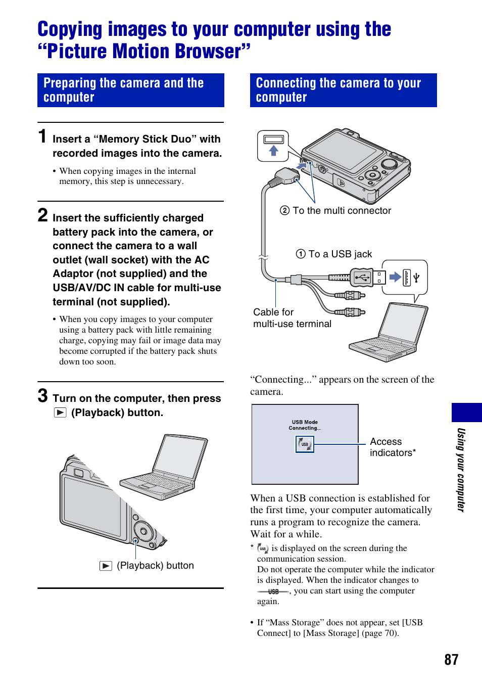 87 a, Preparing the camera and the computer, Connecting the camera to your computer | Sony DSC-W130 User Manual | Page 87 / 128