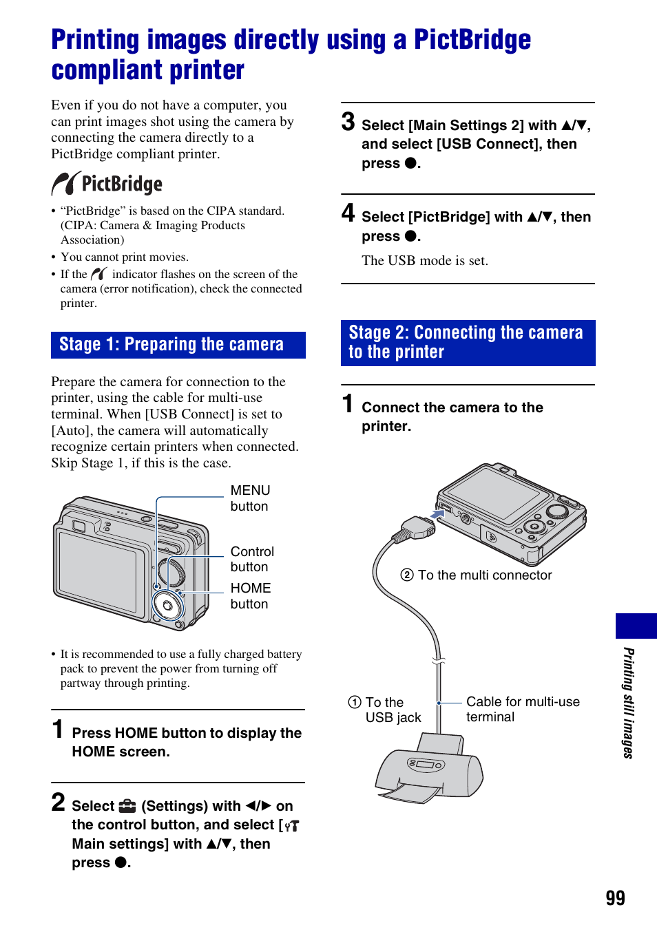 Nd 99), Stage 1: preparing the camera, Stage 2: connecting the camera to the printer | Sony DSC-W130 User Manual | Page 99 / 128