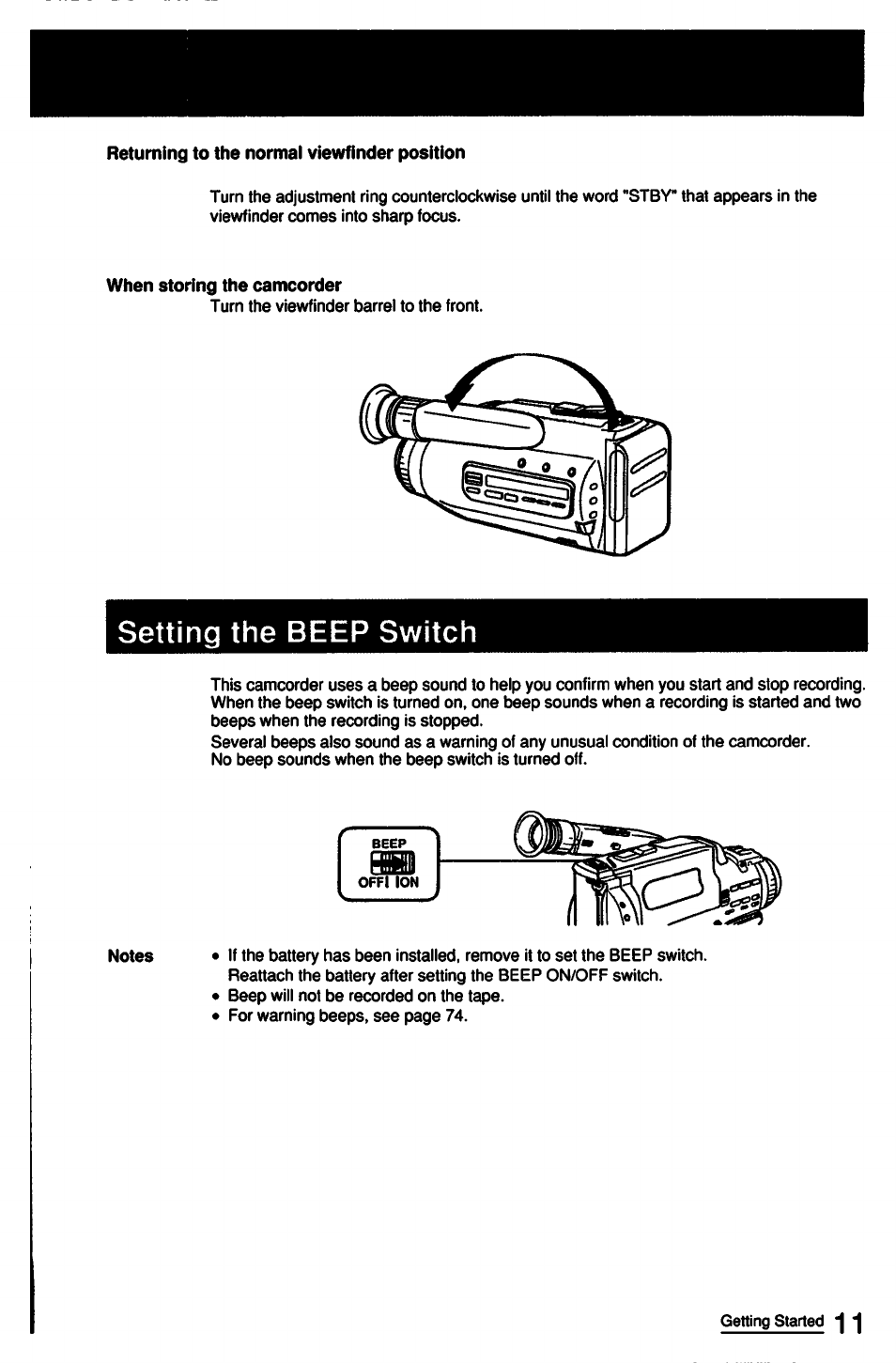 Setting the beep switch | Sony CCD-FX510 User Manual | Page 11 / 76