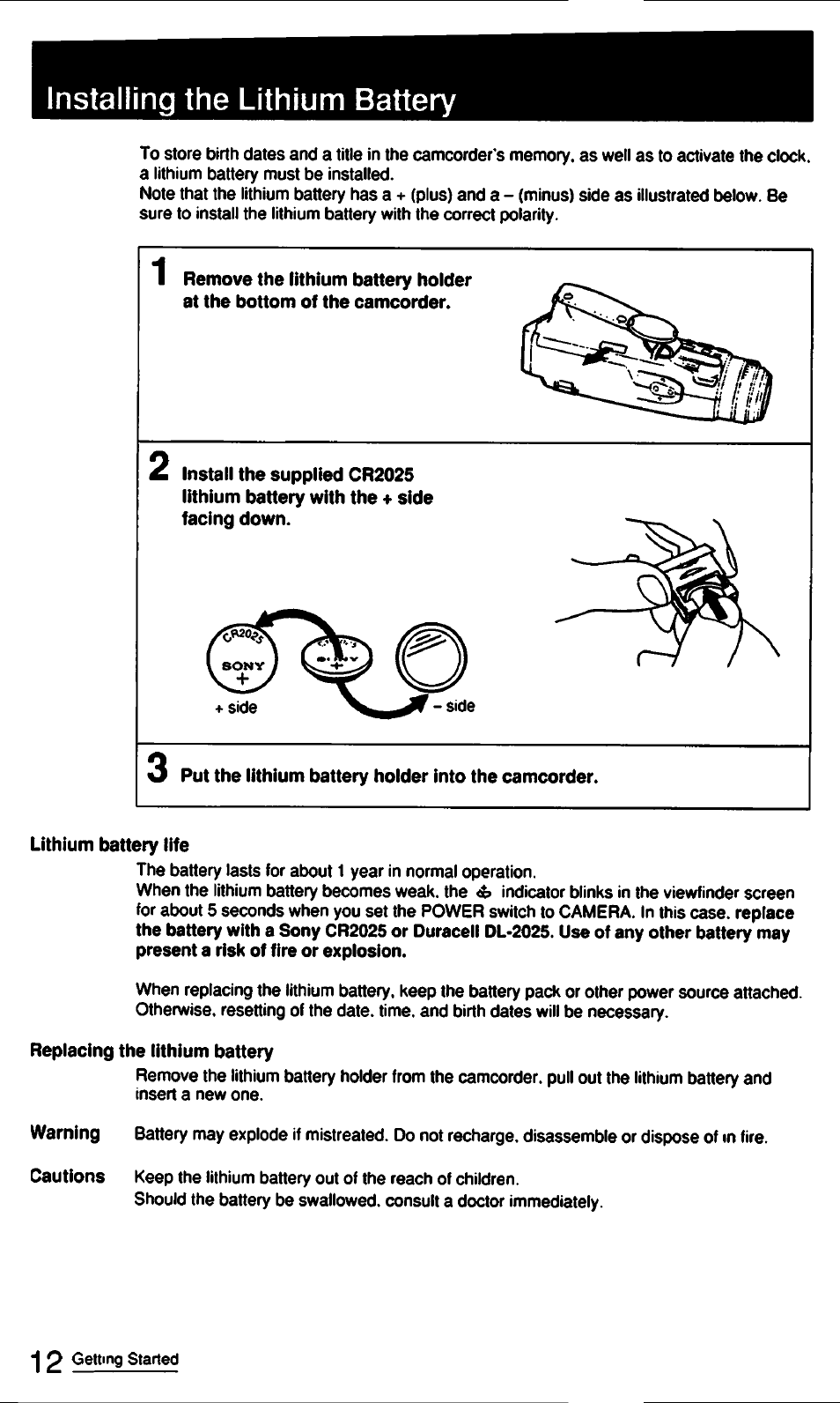 Installing the lithium battery | Sony CCD-FX510 User Manual | Page 12 / 76