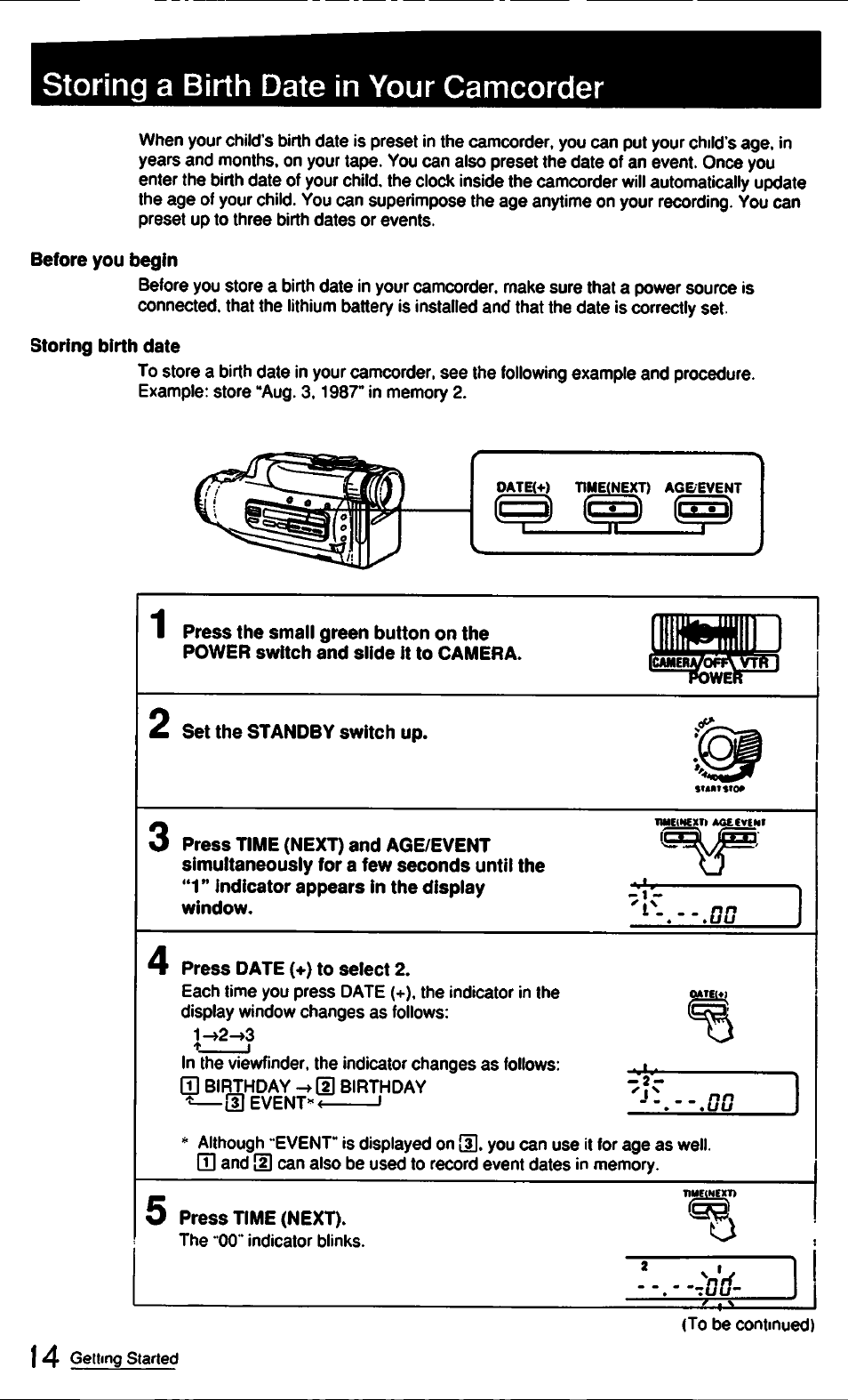 Storing a birth date in your camcorder | Sony CCD-FX510 User Manual | Page 14 / 76