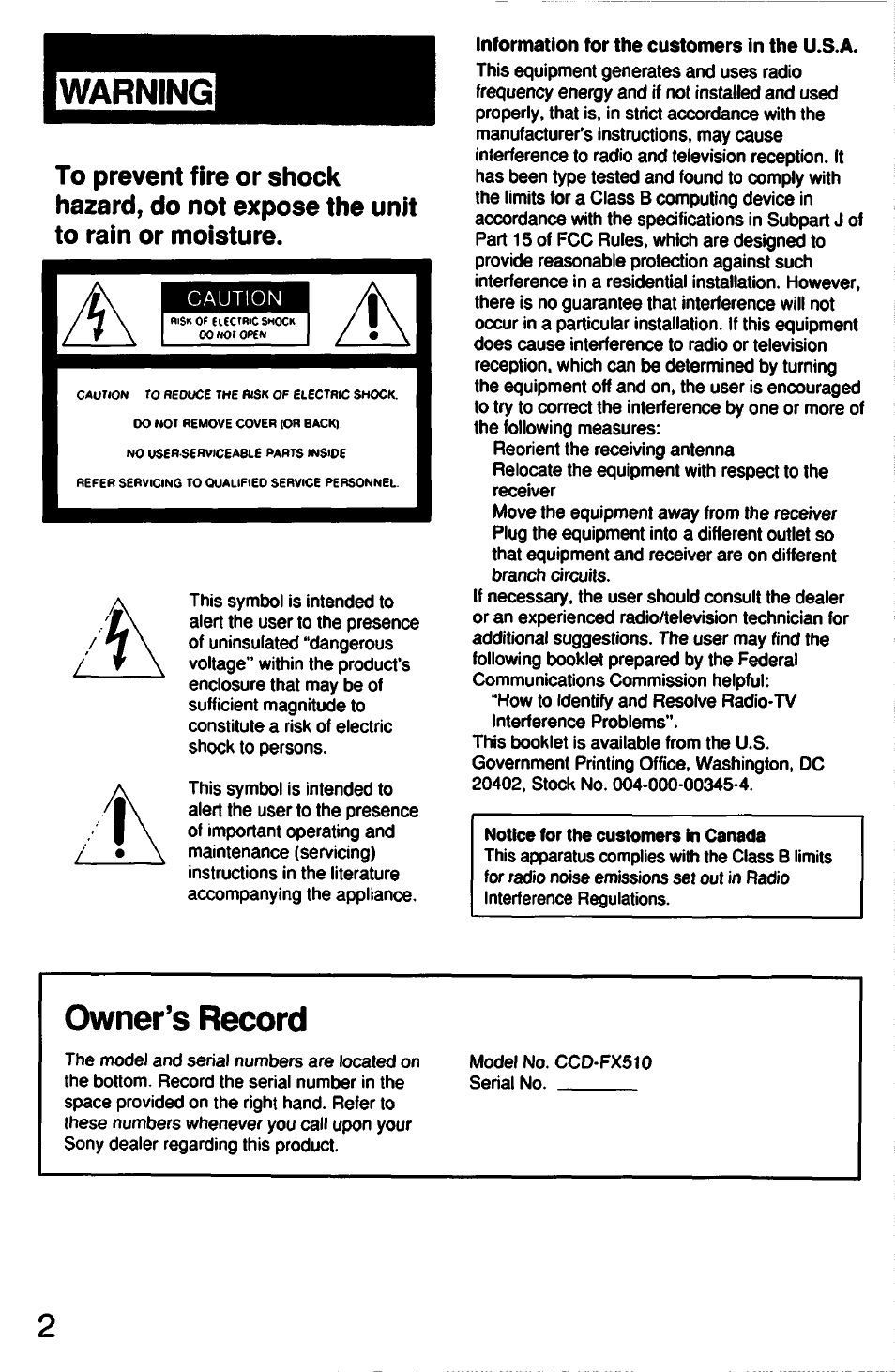 Owner’s record | Sony CCD-FX510 User Manual | Page 2 / 76