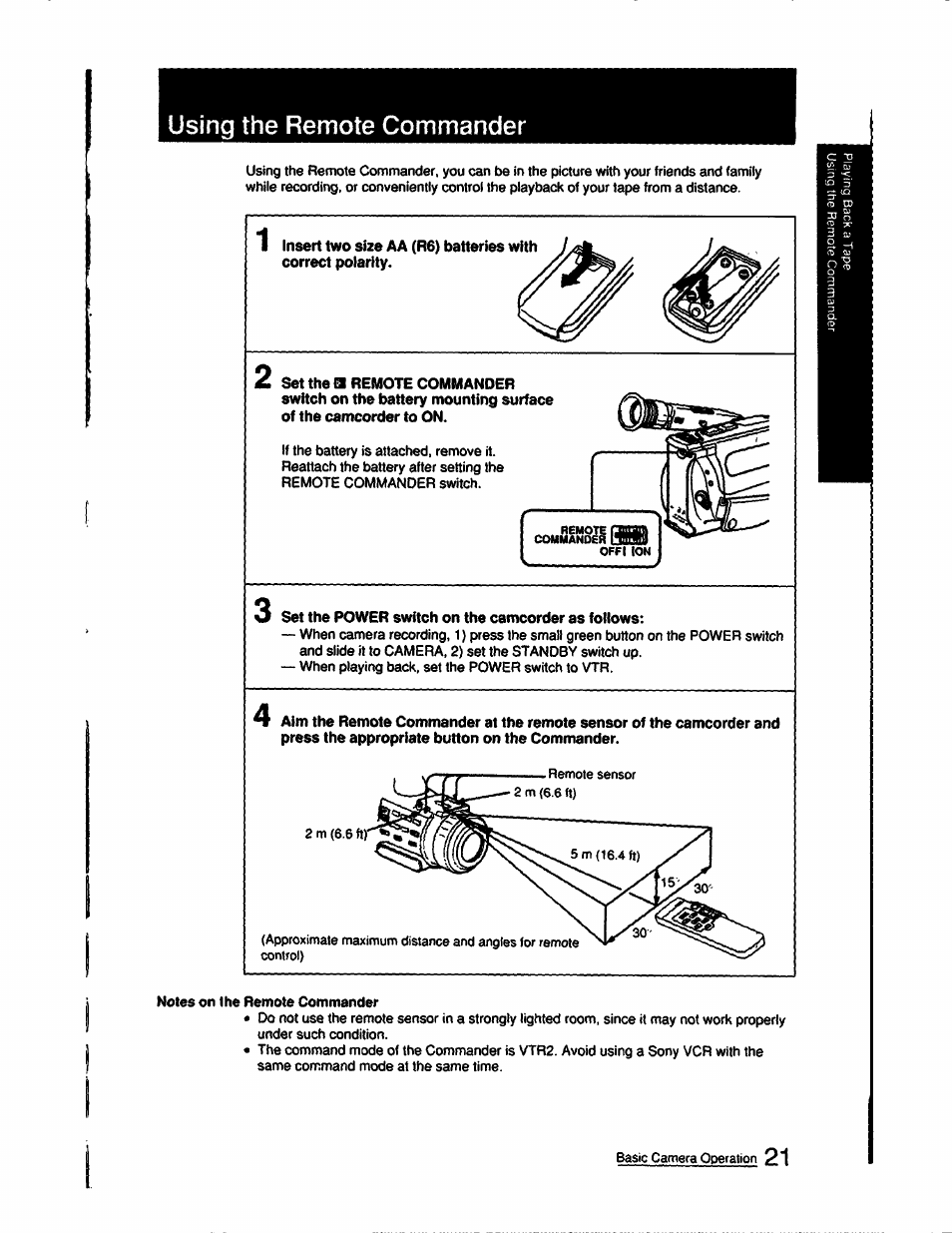 Set the power switch on the camcorder as follows, Using the remote commander | Sony CCD-FX510 User Manual | Page 21 / 76