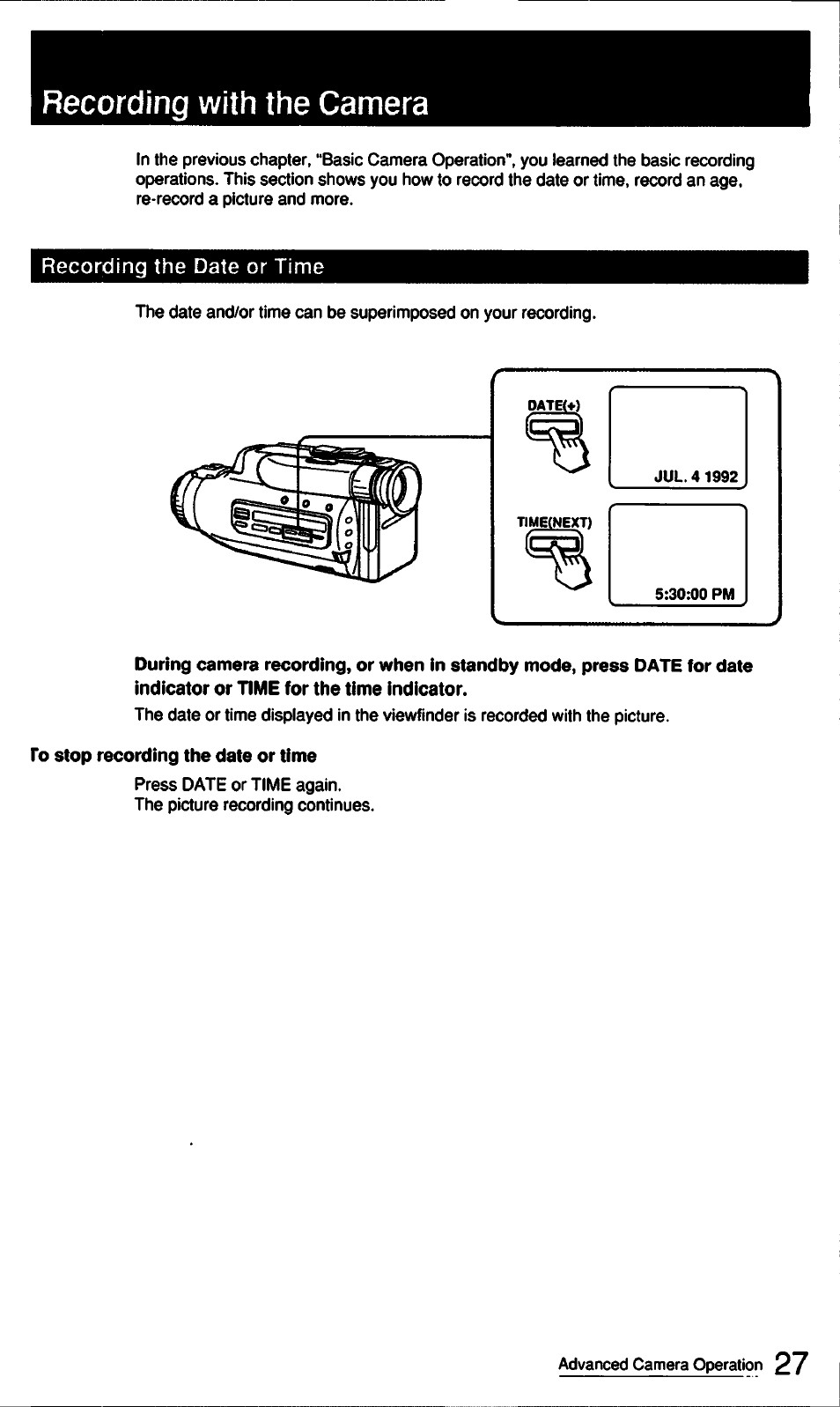 To stop recording the date or time, Recording the date or time, Recording with the camera | Sony CCD-FX510 User Manual | Page 27 / 76