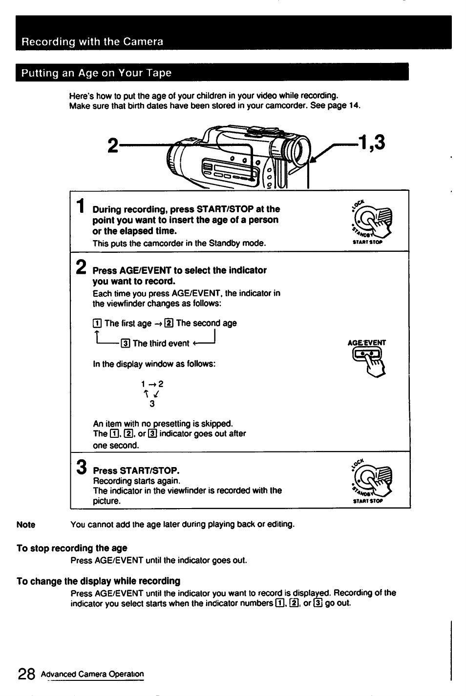 3 press start/stop, To stop recording the age, To change the display while recording | Sony CCD-FX510 User Manual | Page 28 / 76