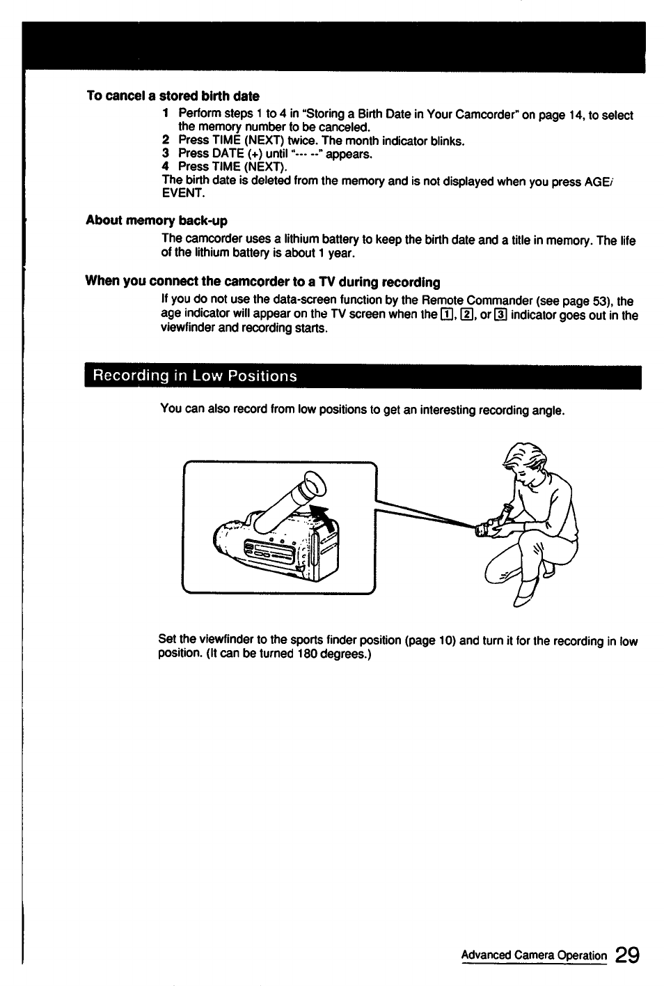 To cancel a stored birth date, About memory back-up | Sony CCD-FX510 User Manual | Page 29 / 76