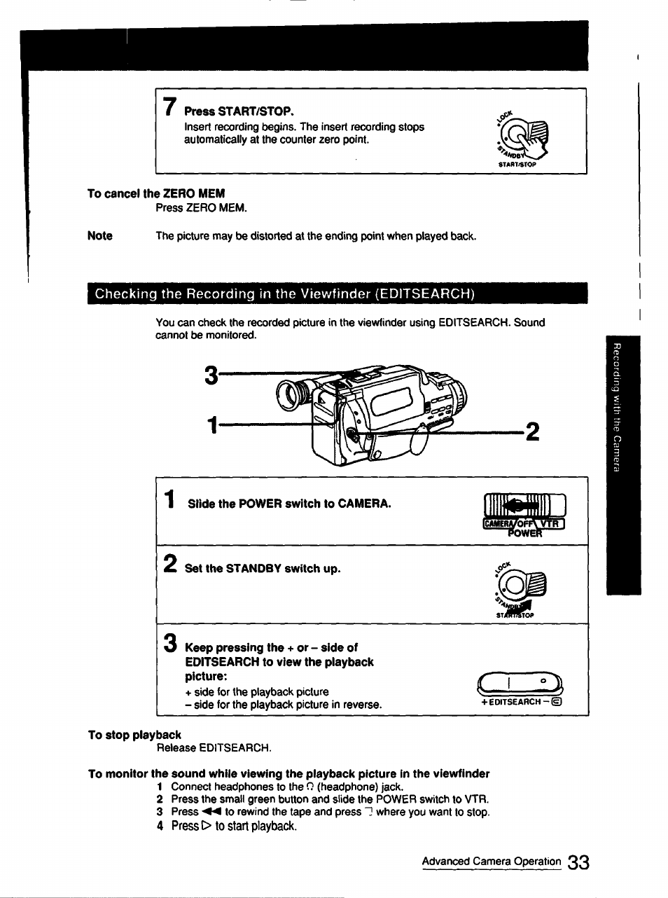 Press start/stop, To cancel the zero mem, Slide the power switch to camera | Set the standby switch up, To stop playback | Sony CCD-FX510 User Manual | Page 33 / 76
