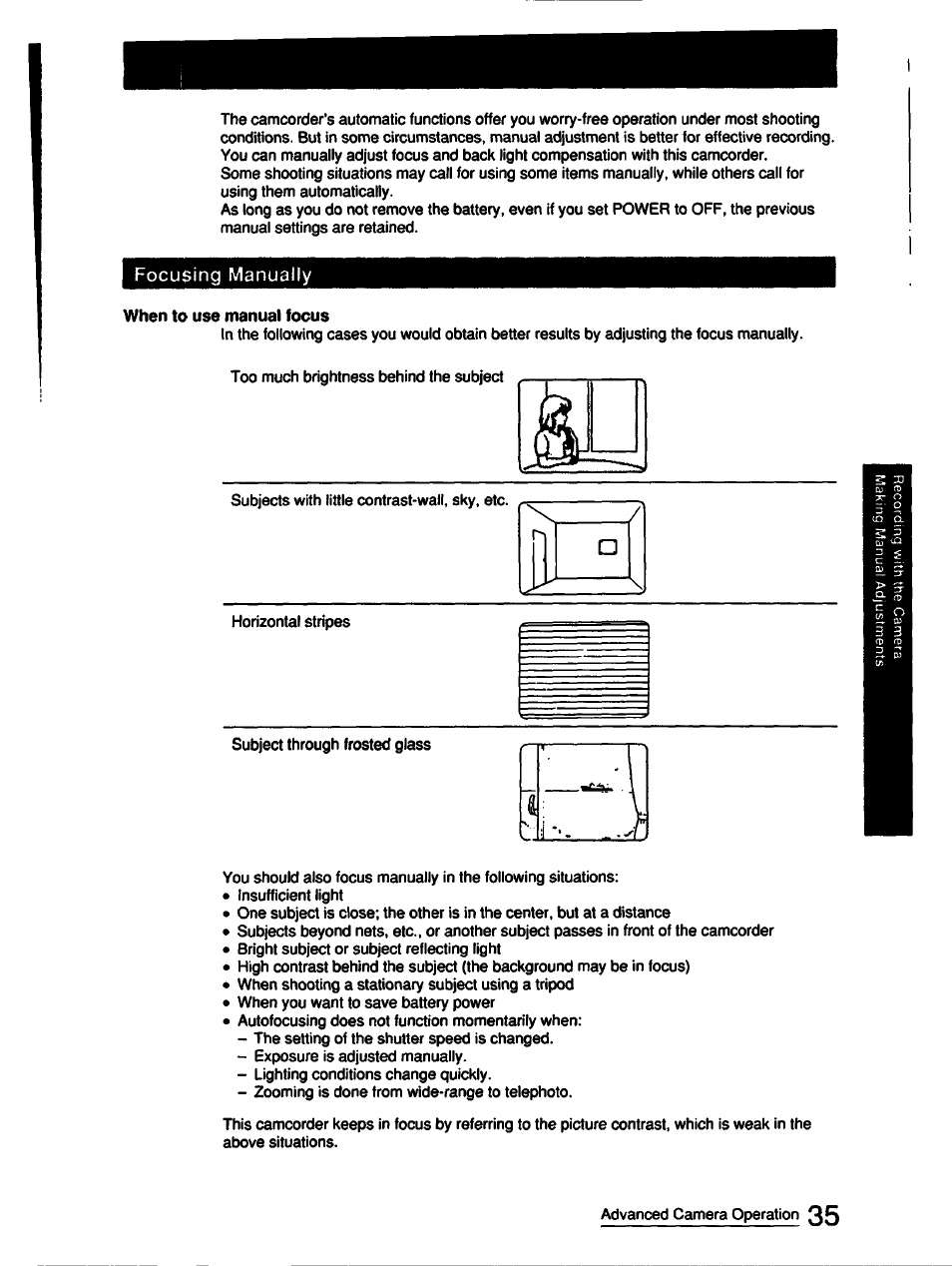 When to use manual focus | Sony CCD-FX510 User Manual | Page 35 / 76