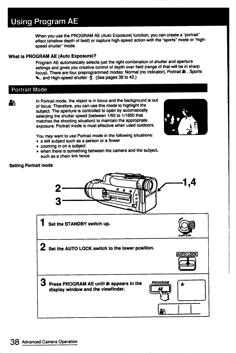 What is program ae (auto exposure), Setting portrait mode, Set the auto lock switch to the iower position | Using program ae | Sony CCD-FX510 User Manual | Page 38 / 76