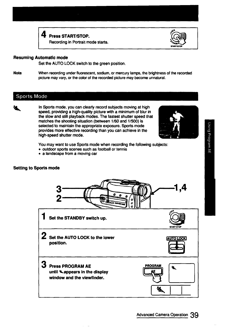 4 press start/stop, Resuming automatic mode, Setting to sports mode | Set the auto lock to the lower position | Sony CCD-FX510 User Manual | Page 39 / 76
