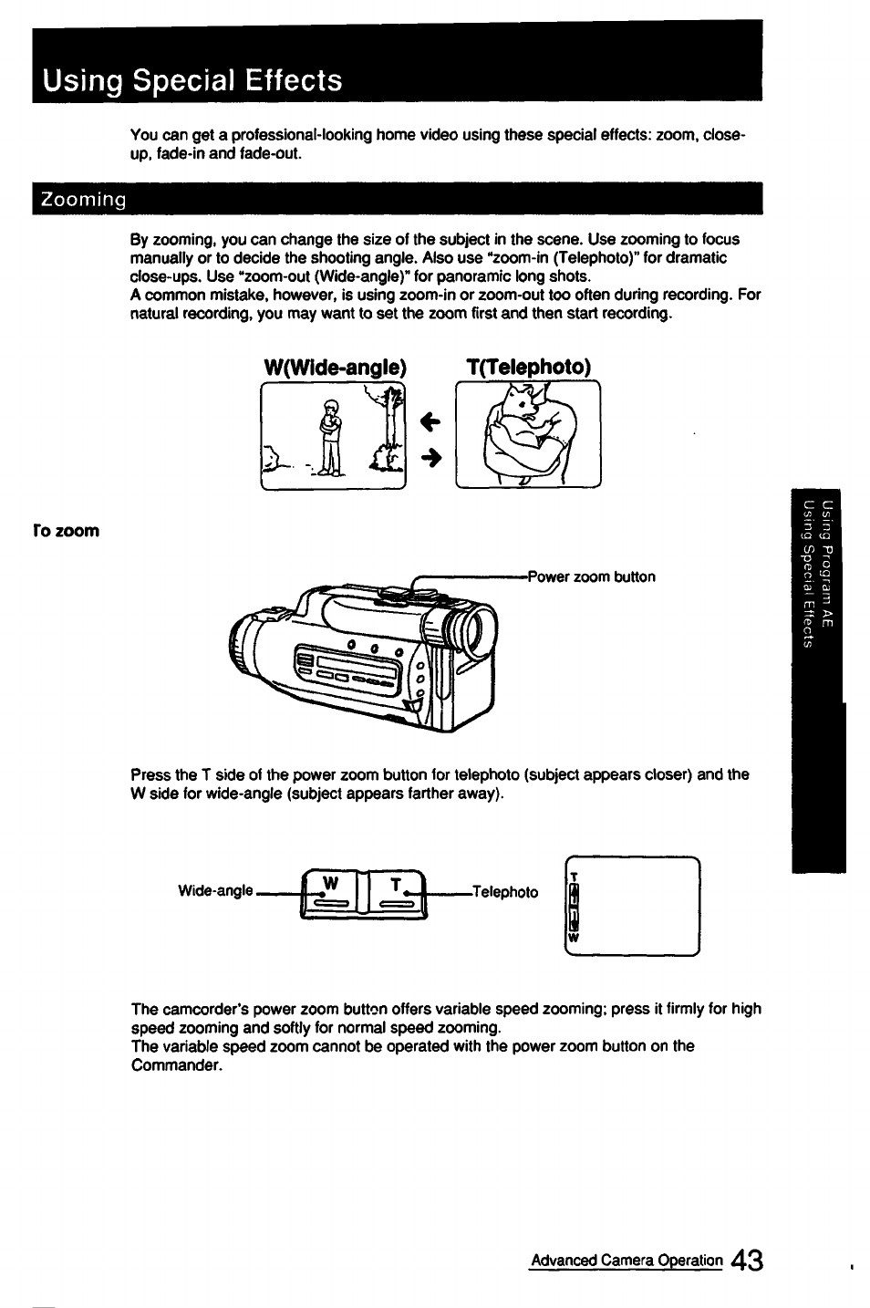 Using special effects, W(wide-angle) t(telephoto) | Sony CCD-FX510 User Manual | Page 43 / 76