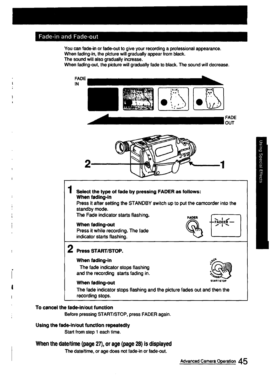 Press start/stop, To cancel the fade-in/out function, Using the fade-in/out function repeatedly | Sony CCD-FX510 User Manual | Page 45 / 76