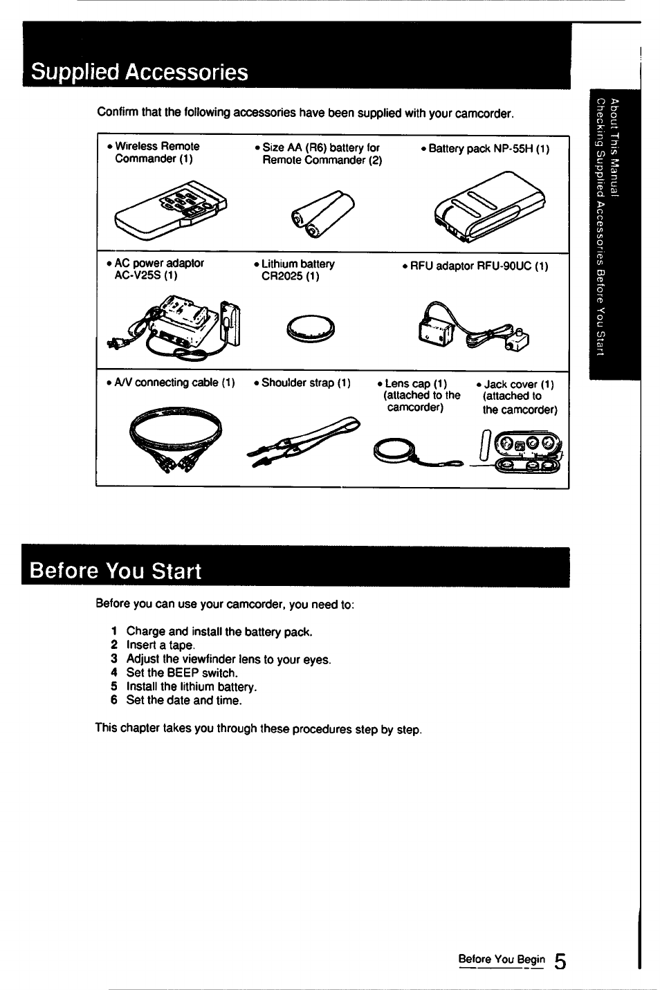 Supplied accessories, Before you start | Sony CCD-FX510 User Manual | Page 5 / 76