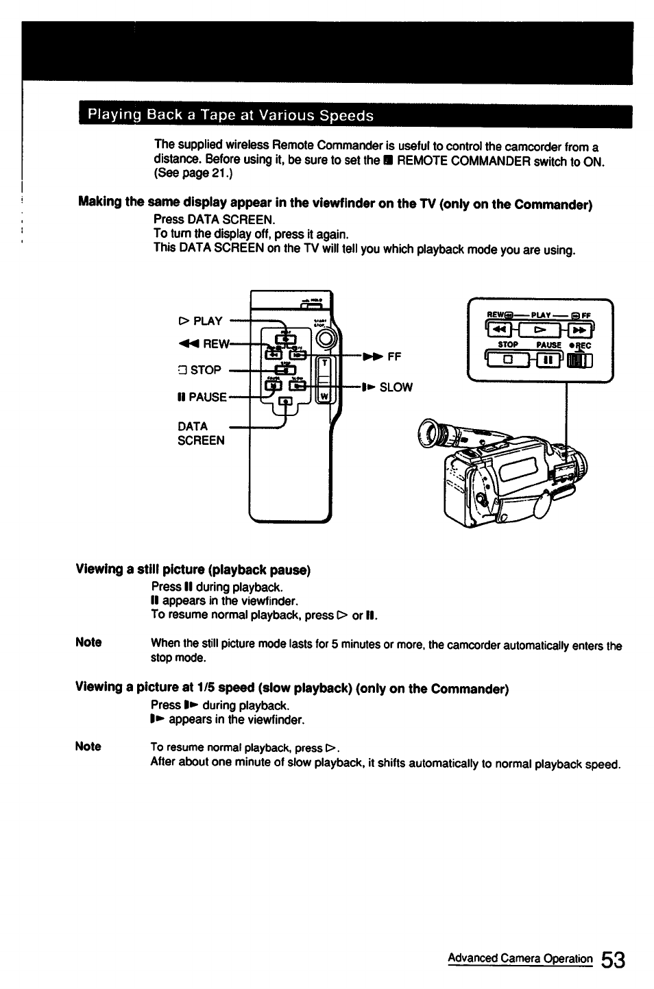 Viewing a still picture (playback pause) | Sony CCD-FX510 User Manual | Page 53 / 76