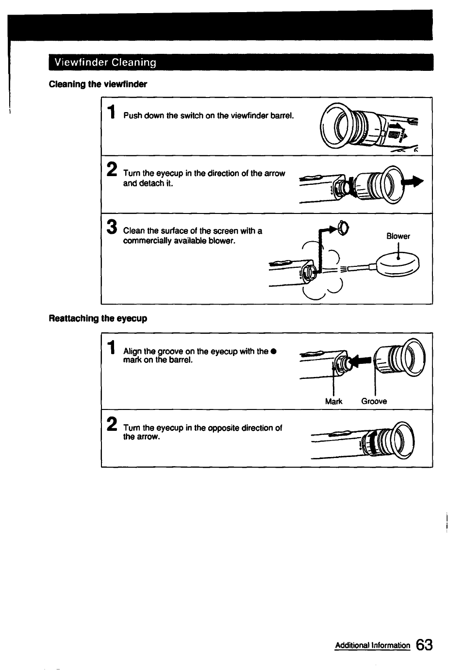Cleaning the viewfinder, Reattaching the eyecup | Sony CCD-FX510 User Manual | Page 63 / 76