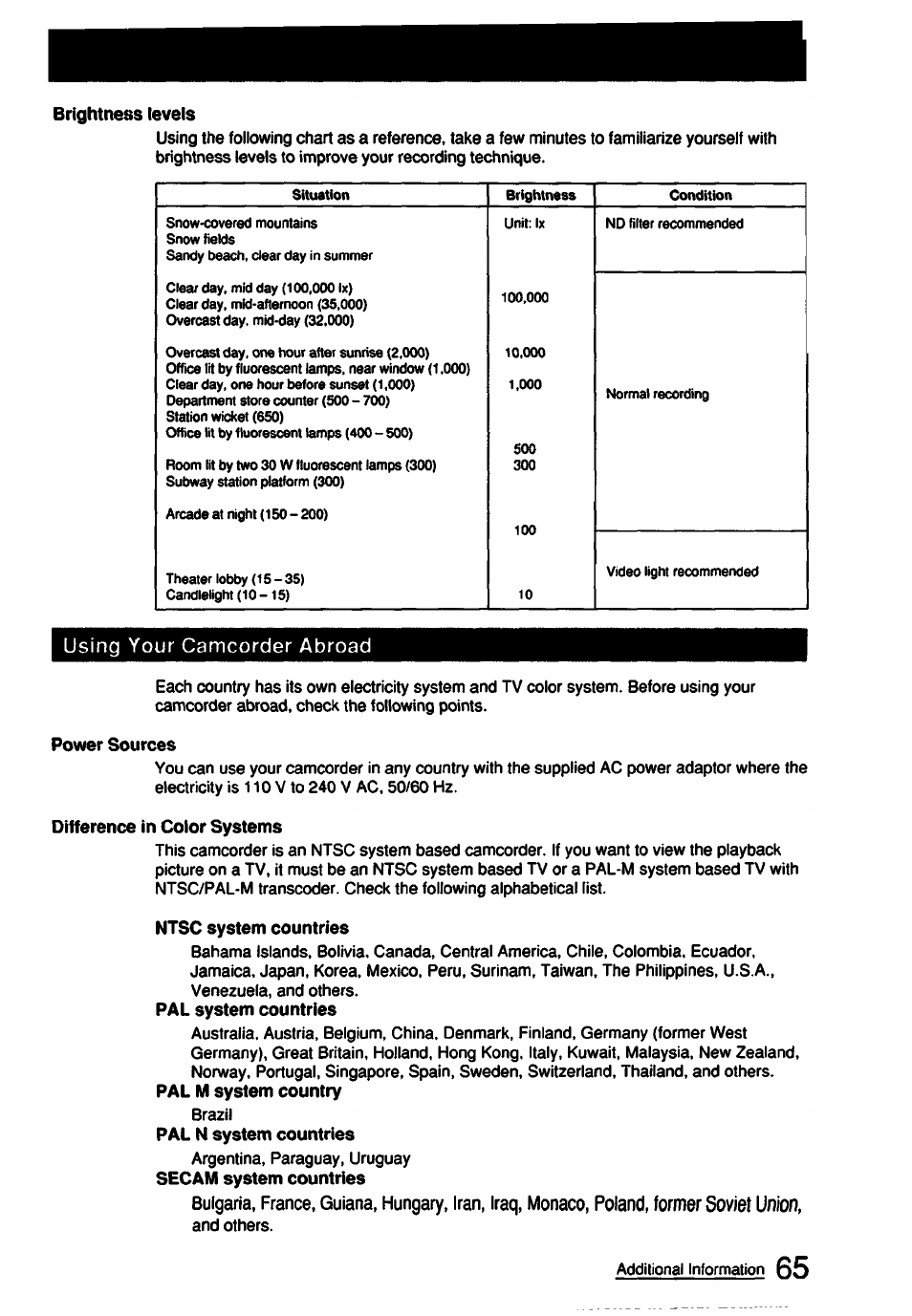 Brightness levels, Power sources, Difference in color systems | Ntsc system countries, Former soviet union | Sony CCD-FX510 User Manual | Page 65 / 76