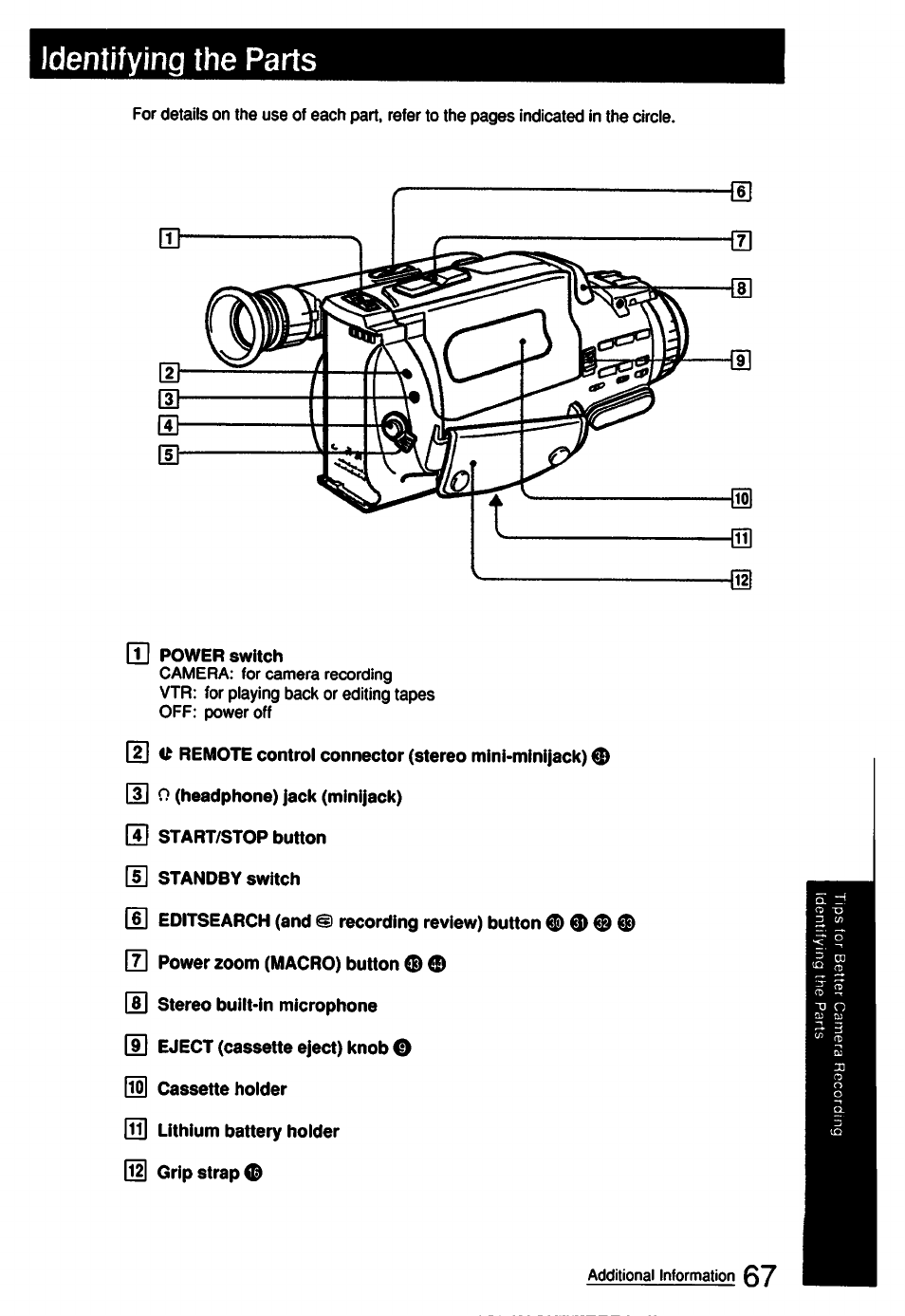Identifying the parts | Sony CCD-FX510 User Manual | Page 67 / 76
