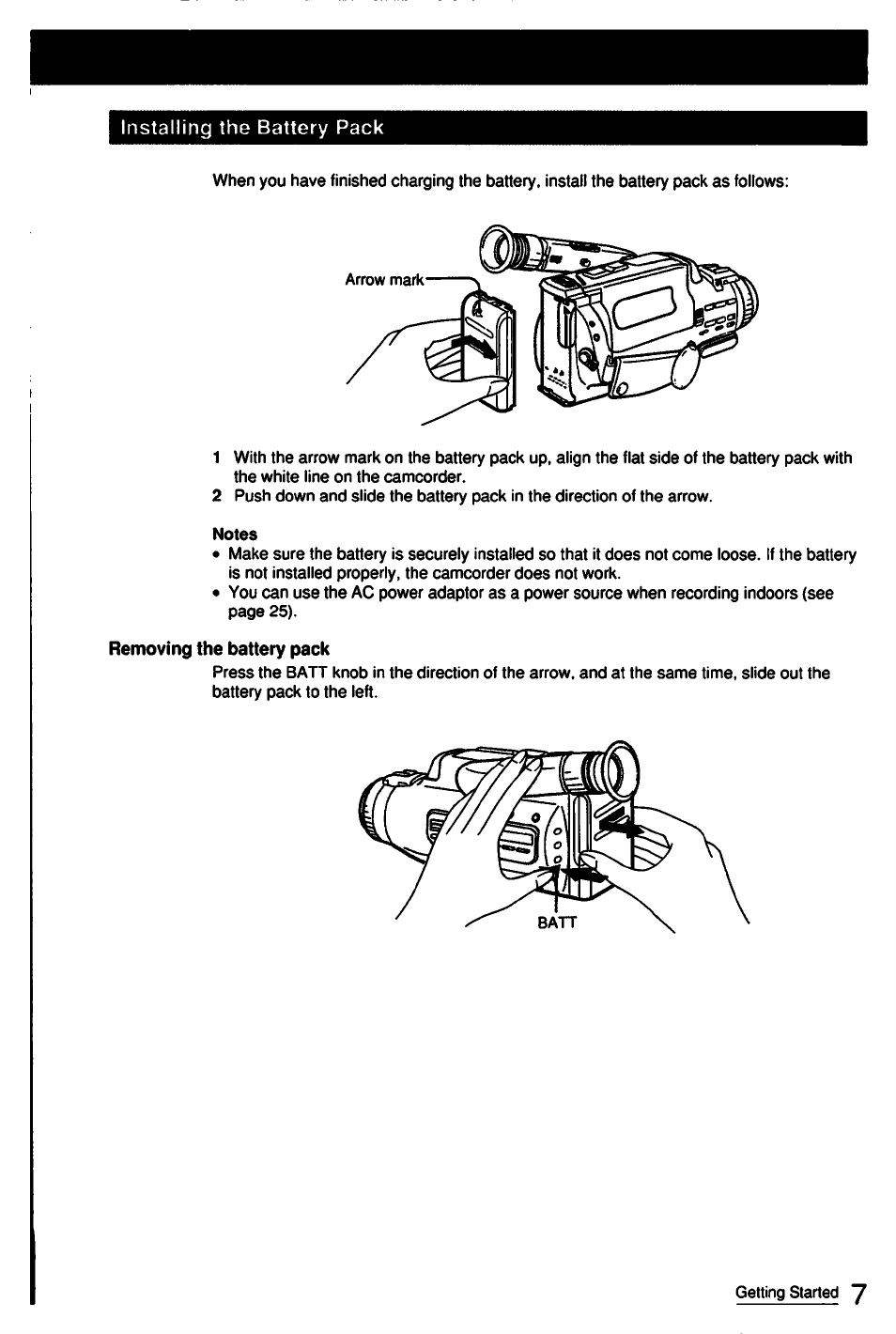 Installing the battery pack | Sony CCD-FX510 User Manual | Page 7 / 76