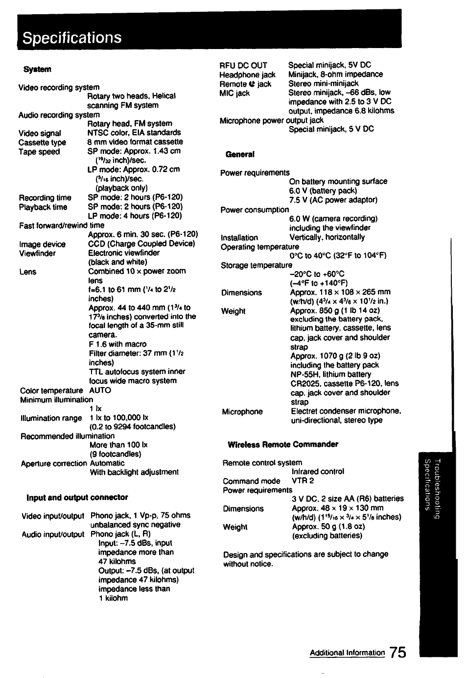 Specifications | Sony CCD-FX510 User Manual | Page 75 / 76