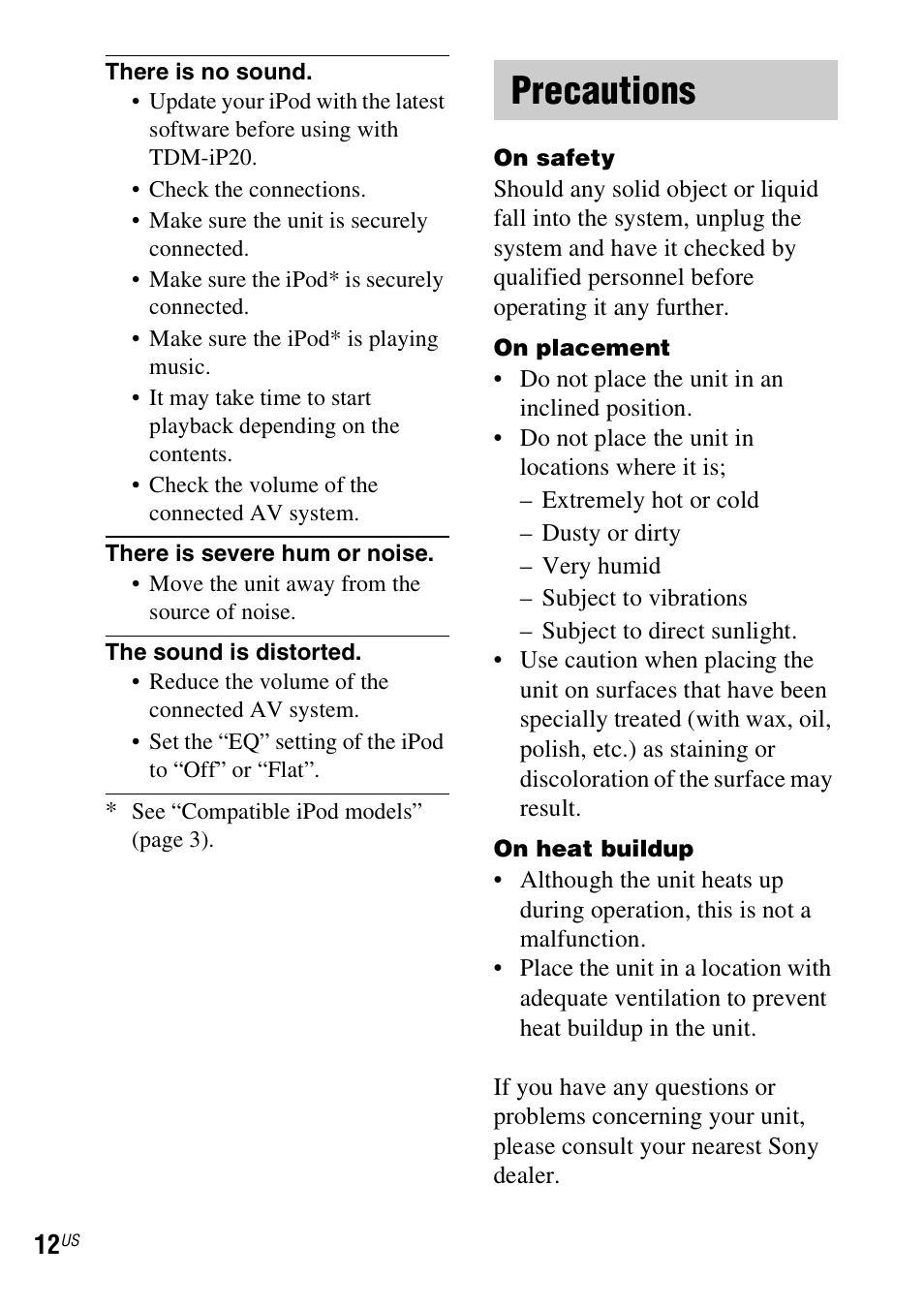 Precautions | Sony TDM-iP20 User Manual | Page 12 / 40