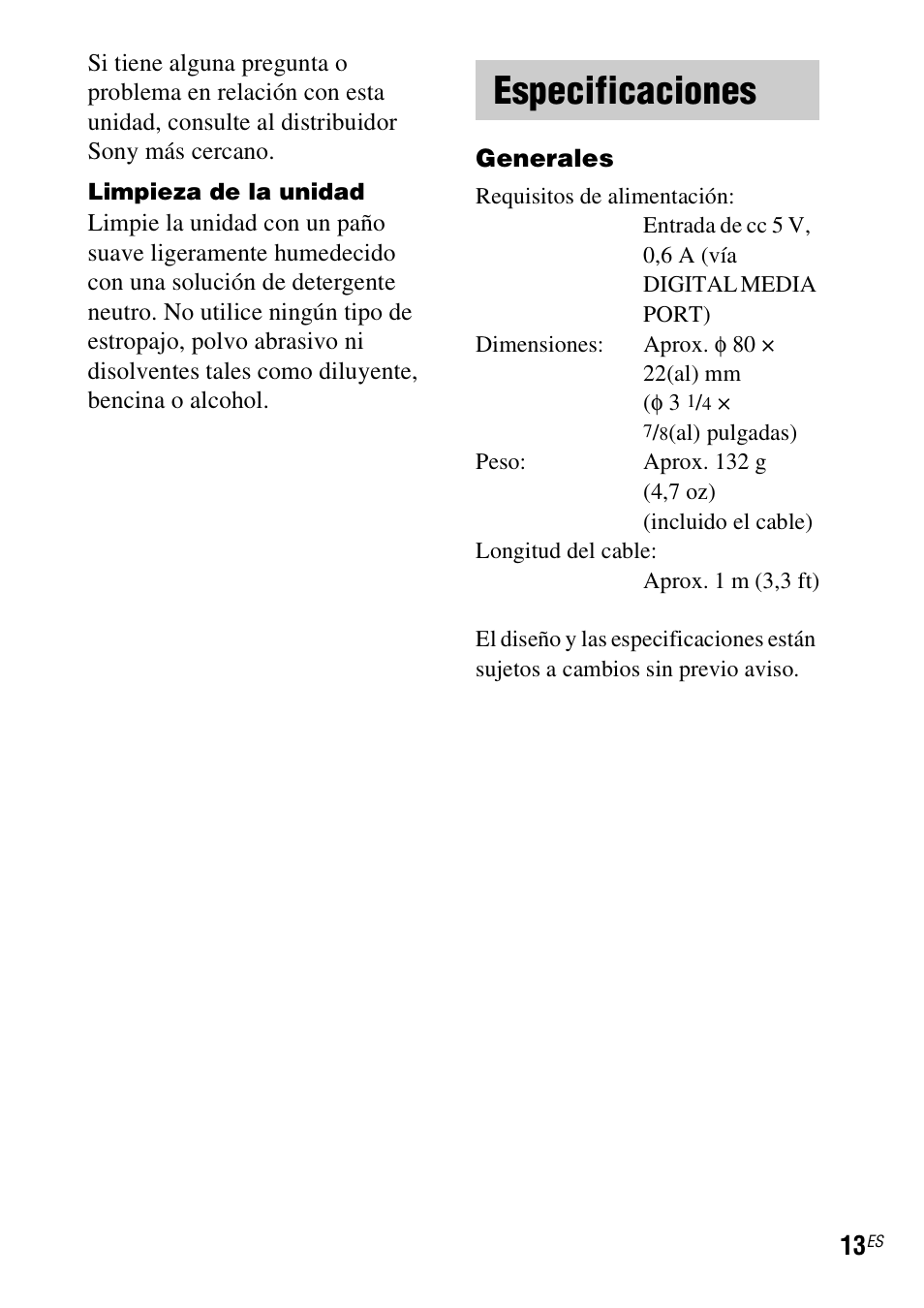 Especificaciones | Sony TDM-iP20 User Manual | Page 37 / 40