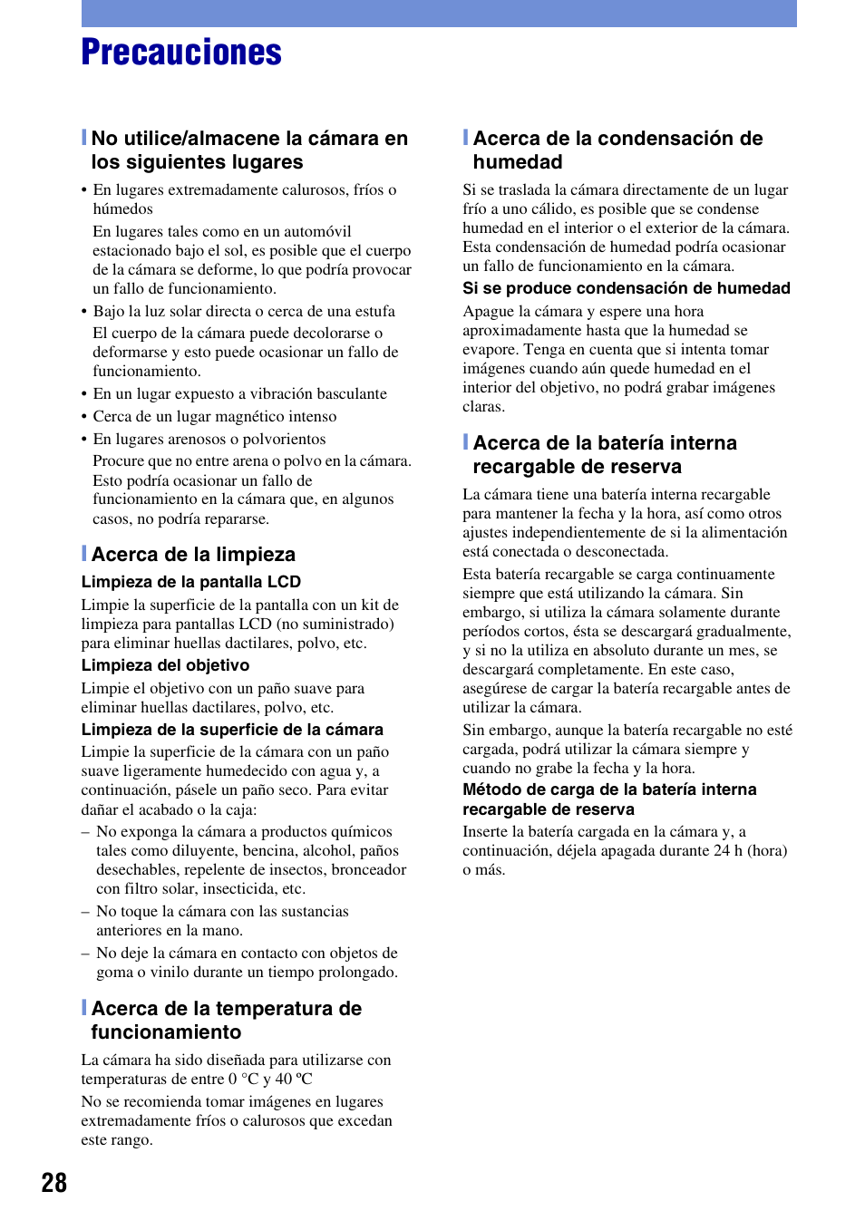 Precauciones | Sony DSC-H3 User Manual | Page 62 / 68