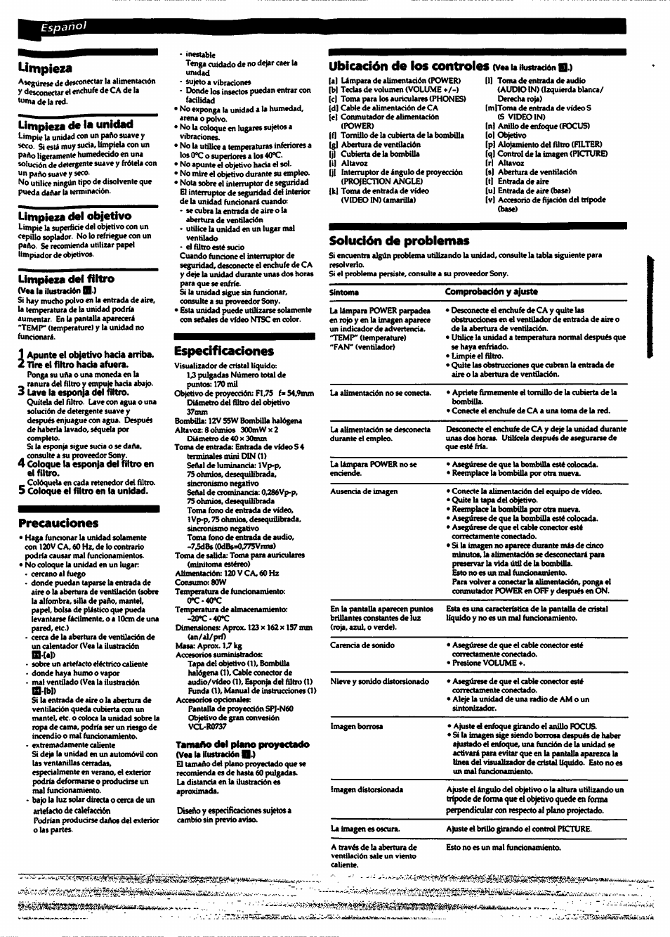 B-m), B-p»), Ubicación de ios controles | Solución de problemas, Umpieia, Precauciones, Especificaciones | Sony CPJ-100 User Manual | Page 8 / 8