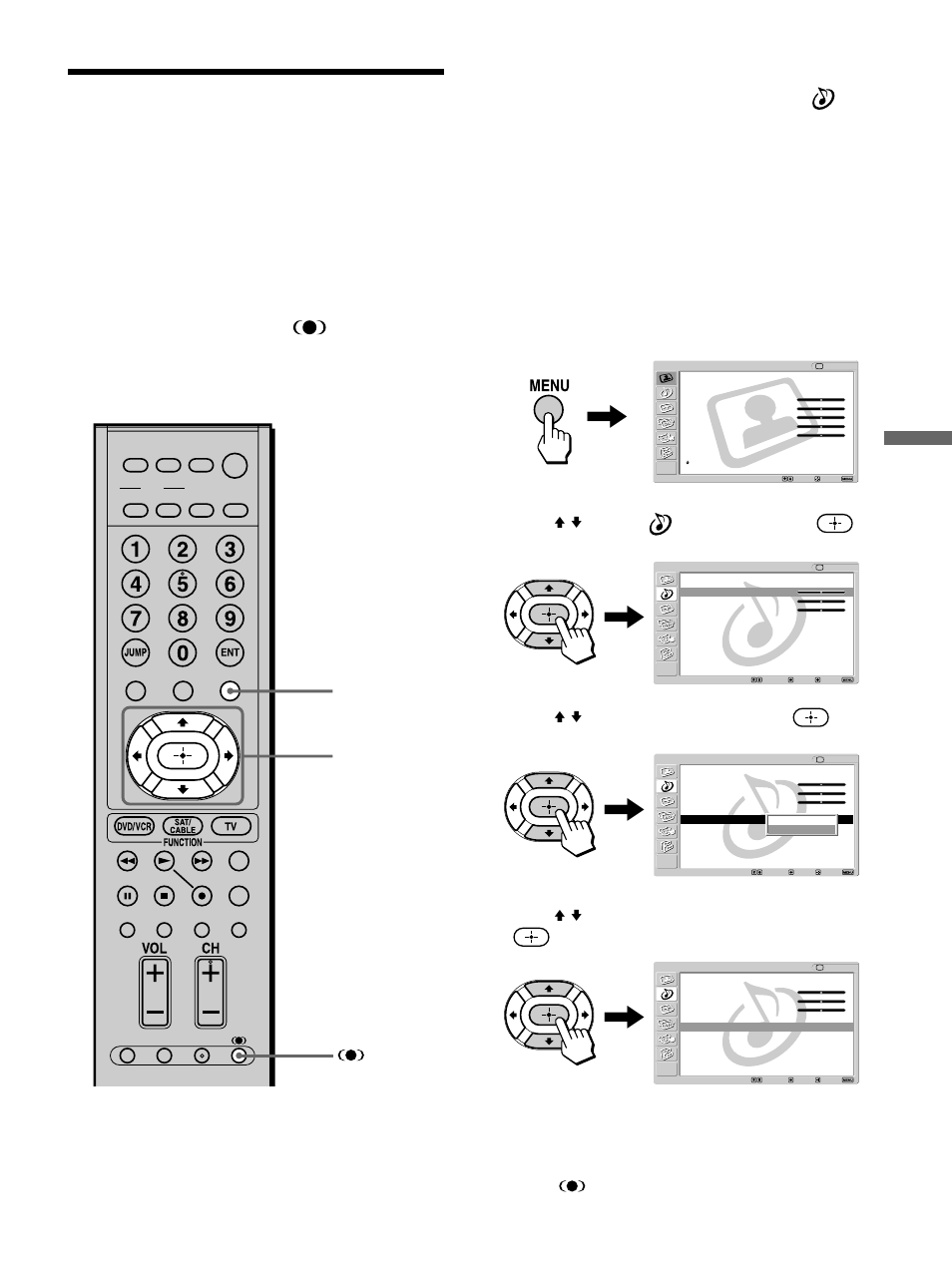 Selecting the effect mode, Watching the tv, Press menu | Press v/v to select (audio), then press, Press v/v to select “effect,” then press, Press v/v to select “trusurround,” then press, Press menu to exit the menu screen | Sony KE-42M1 User Manual | Page 43 / 84