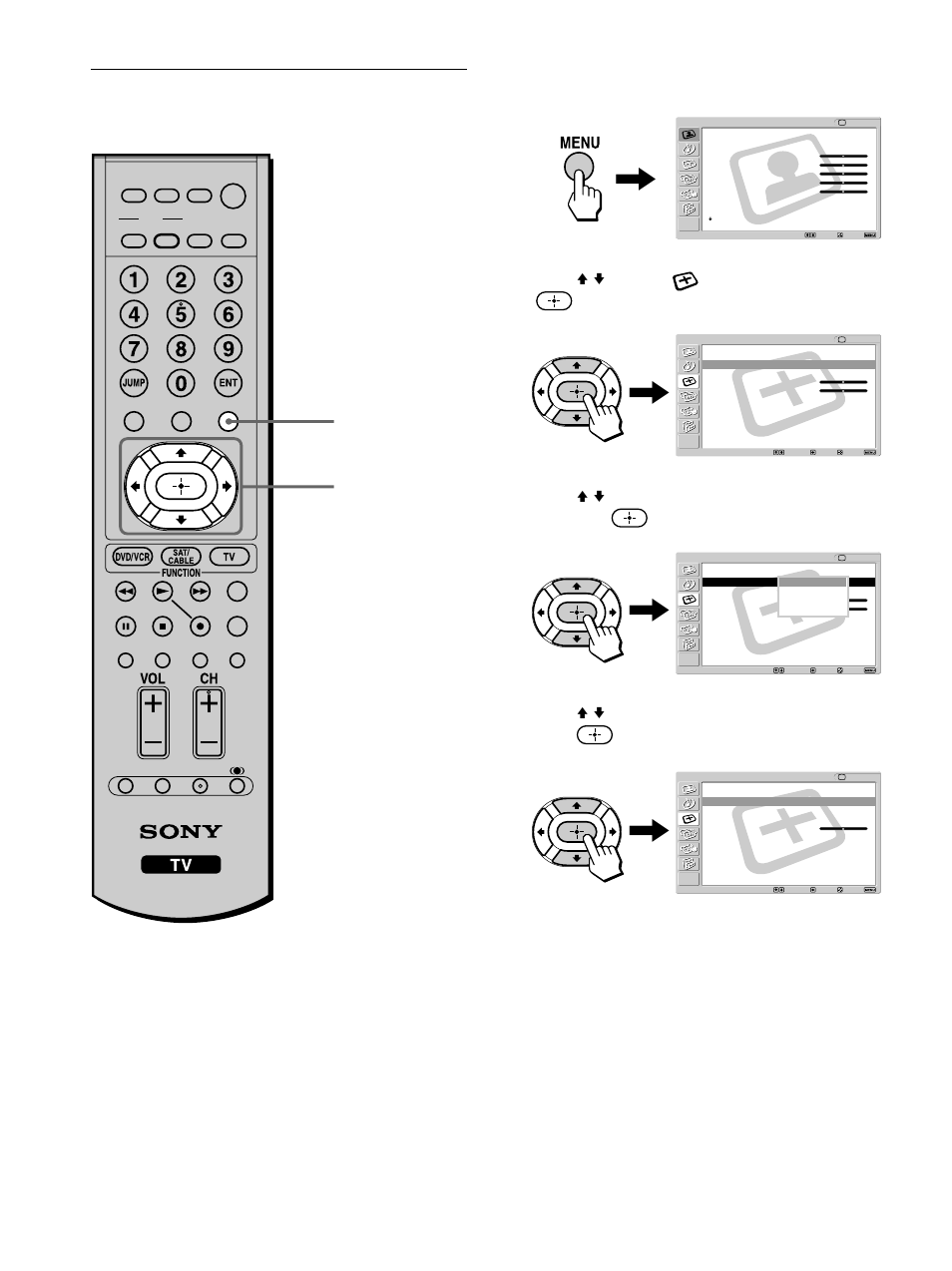 Changing the wide screen mode using the menu, Changing the wide screen mode, Using the menu | Press menu, Press v/v to select (screen), then press, Press menu to exit the menu screen | Sony KE-42M1 User Manual | Page 46 / 84