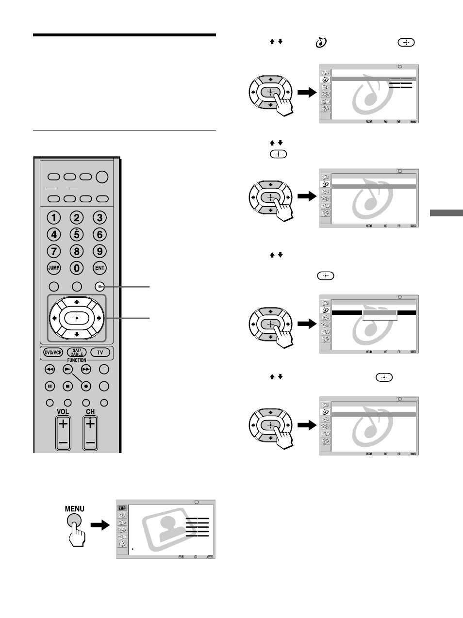Using the center speaker feature, Setting the center speaker mode, Watching the tv | Press v/v to select (audio), then press, Press v/v to select “on,” then press, Press menu | Sony KE-42M1 User Manual | Page 49 / 84