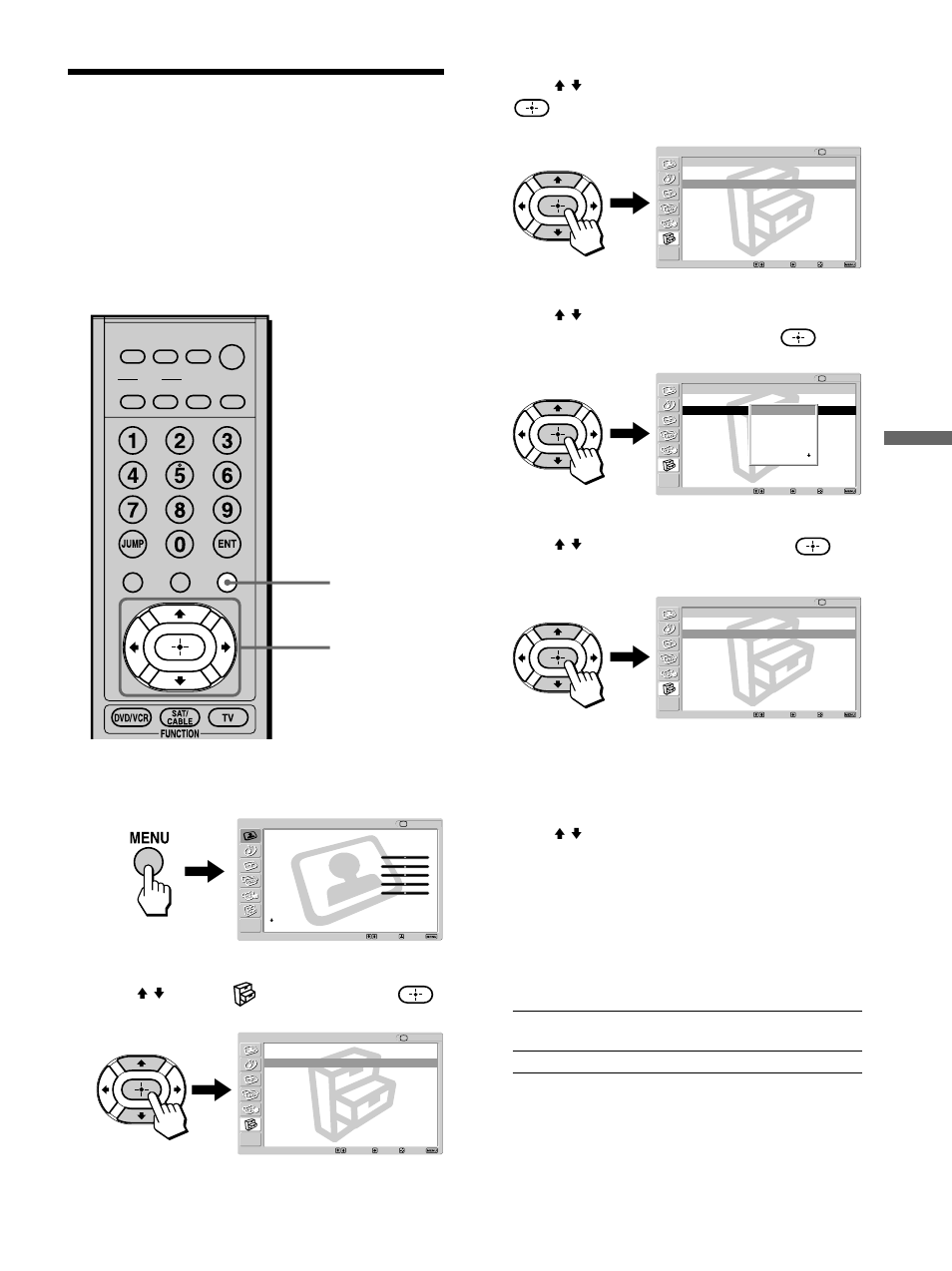 Using the video label and skip feature, Using the video label and, Skip feature | Watching the tv, Press v/v to select “video label,” then press, Press menu to exit the menu screen, Press menu, Press v/v to select (setup), then press | Sony KE-42M1 User Manual | Page 53 / 84