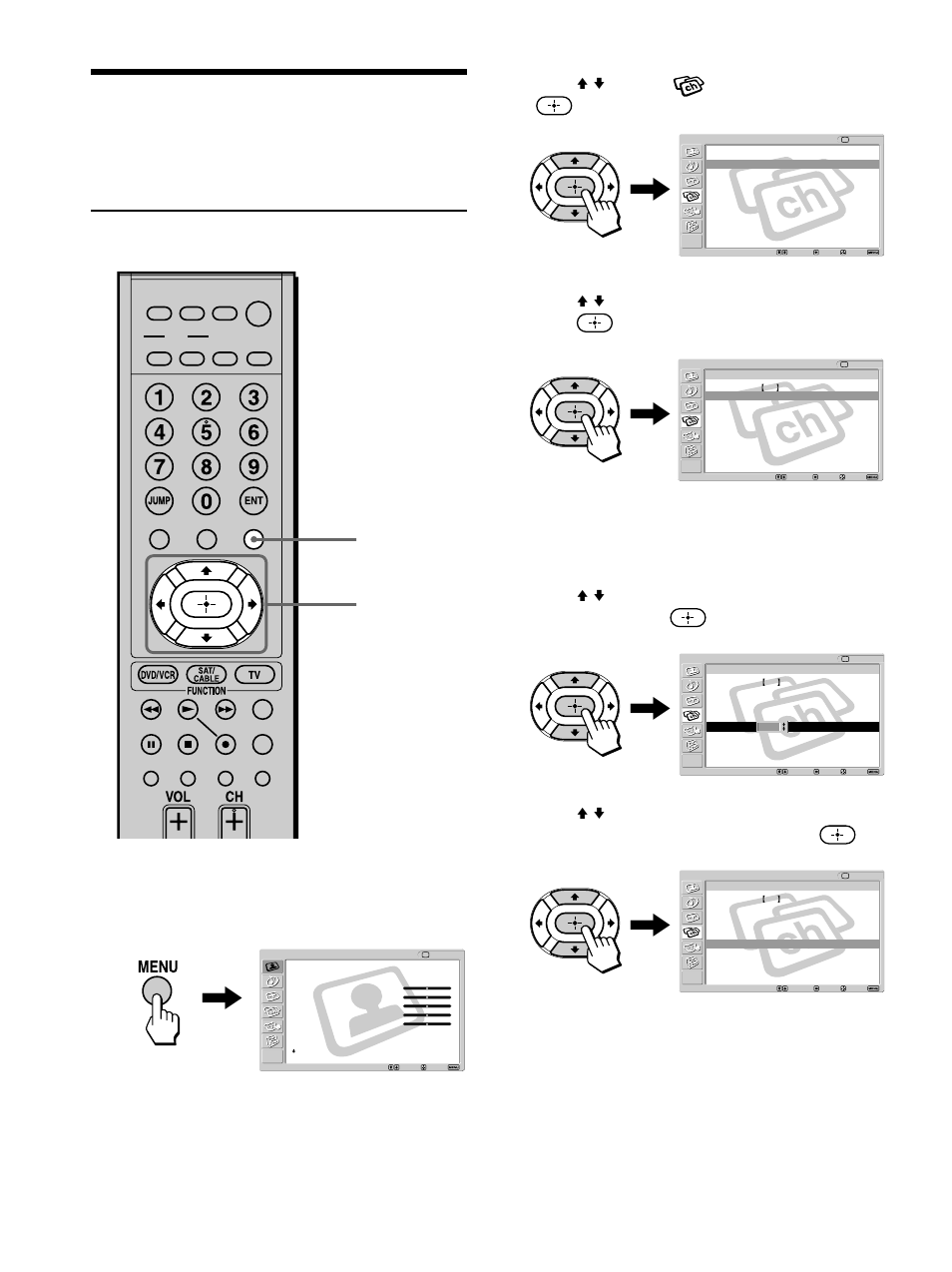 Using favorite channels, Setting your favorite channels, Press menu | Press v/v to select (channel), then press, Press menu to exit the menu screen | Sony KE-42M1 User Manual | Page 54 / 84