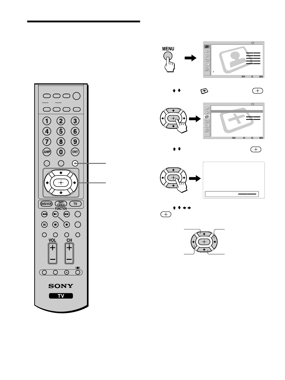 Adjusting the picture position horizontally, Adjusting the picture position, Horizontally | Press v/v to select (screen), then press, Press v/v to select “h center,” then press, Press v/v/b/b to adjust the position, then press, Press menu to exit the menu screen | Sony KE-42M1 User Manual | Page 58 / 84