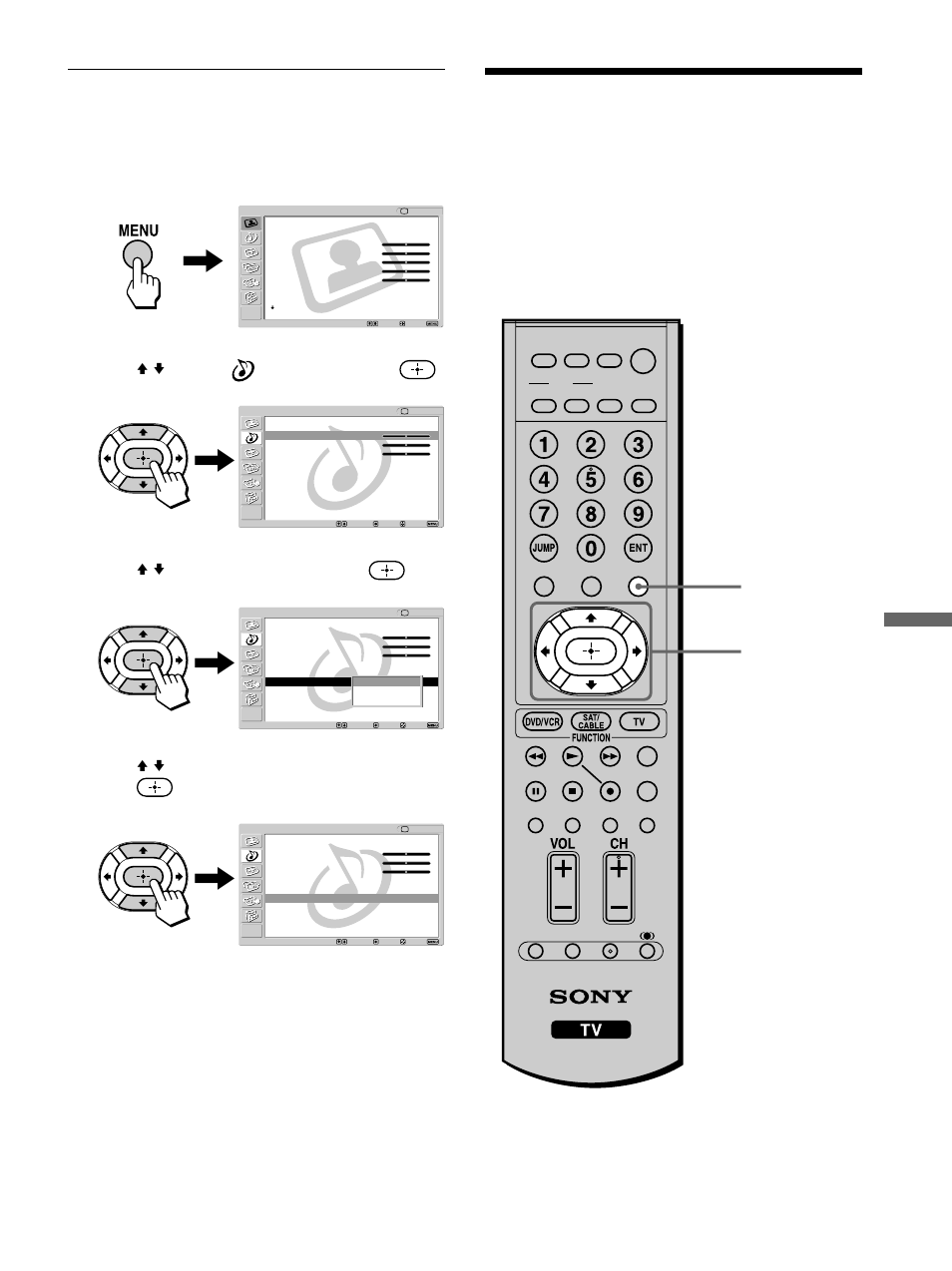 Selecting stereo or bilingual, Programs using the menu, Selecting how to control the volume | Of the tv’s speakers, Using advanced features, Press menu, Press v/v to select (audio), then press, Press v/v to select “mts,” then press, Press menu to exit the menu screen, Continued) | Sony KE-42M1 User Manual | Page 63 / 84