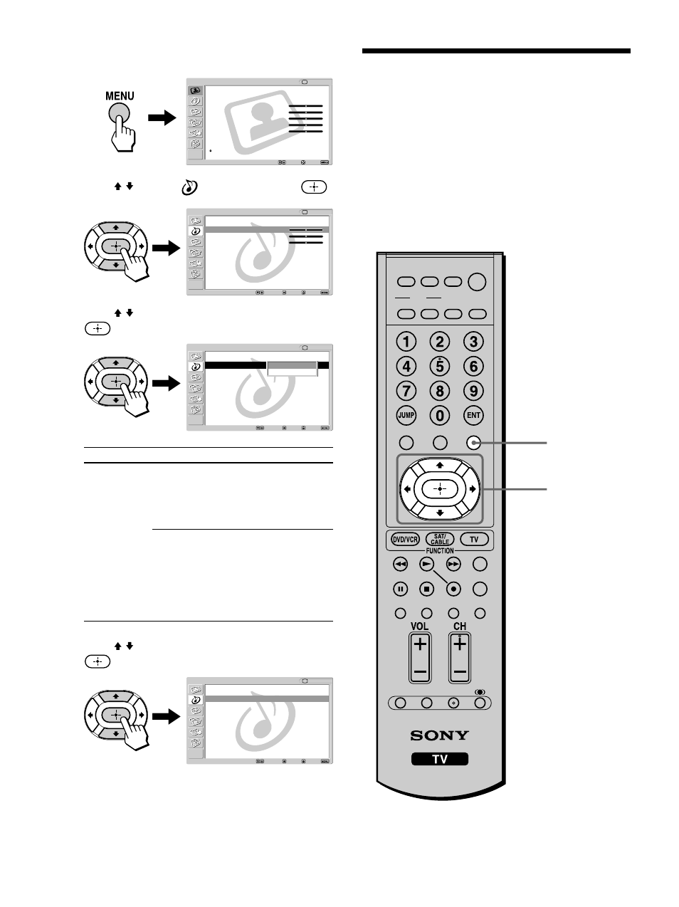 Selecting the tv speakers or an external, Amplifier to listen to the tv, Press menu | Press v/v to select (audio), then press, Press v/v to select “audio out,” then press, Press v/v to select the desired option, then press, Press menu to exit the menu screen | Sony KE-42M1 User Manual | Page 64 / 84