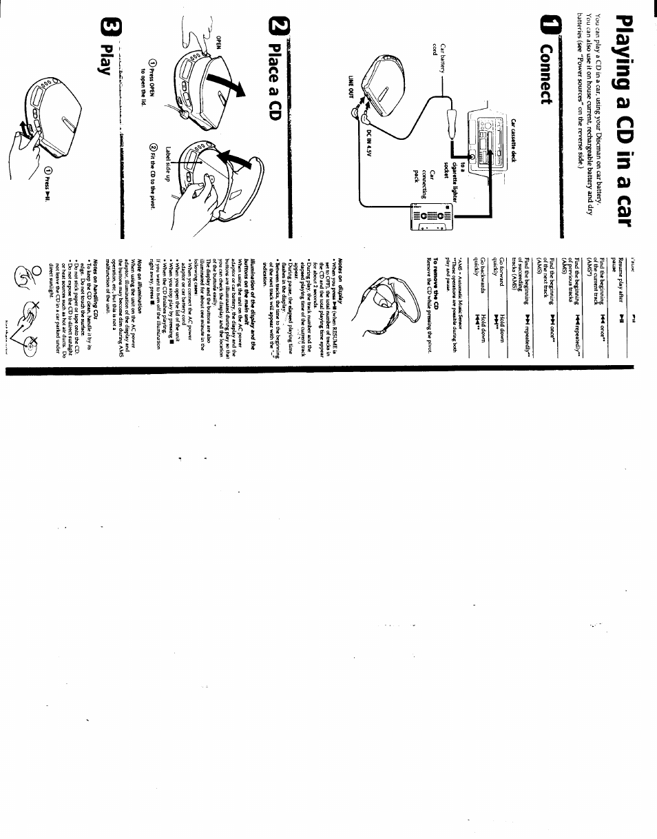 Playing a cd in a car, O connect, Place a cd | O play, Connect, Place a cd o play | Sony D-M801 User Manual | Page 3 / 5