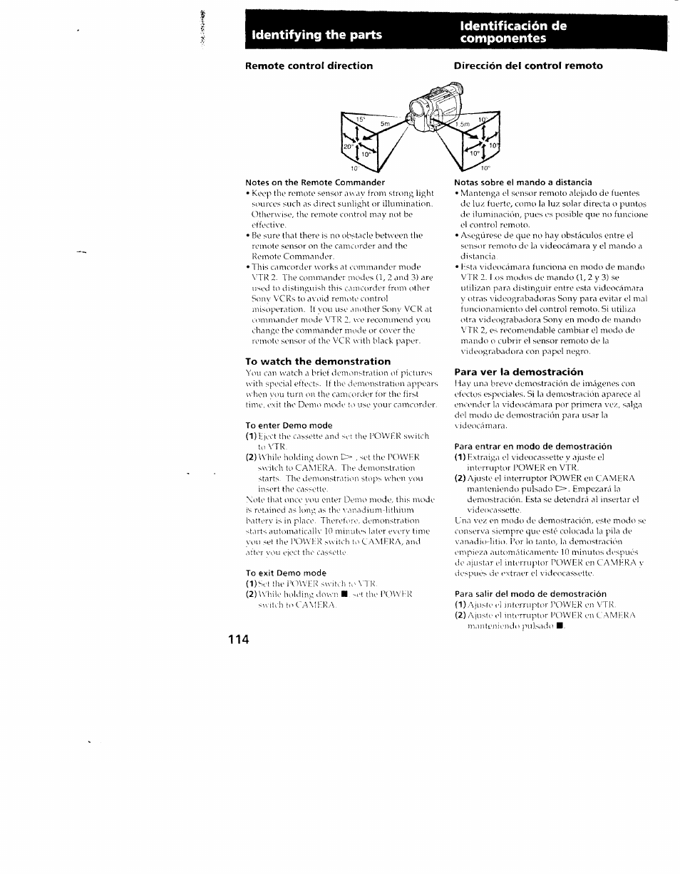 Remote control direction, Dirección del control remoto, Notes on the remote commander | To watch the demonstration, To enter demo mode, To exit demo mode, Notas sobre el mando a distancia, Para ver la demostración, Para entrar en modo de demostración, Para salir del modo de demostración | Sony CCD-TRV101 User Manual | Page 112 / 118